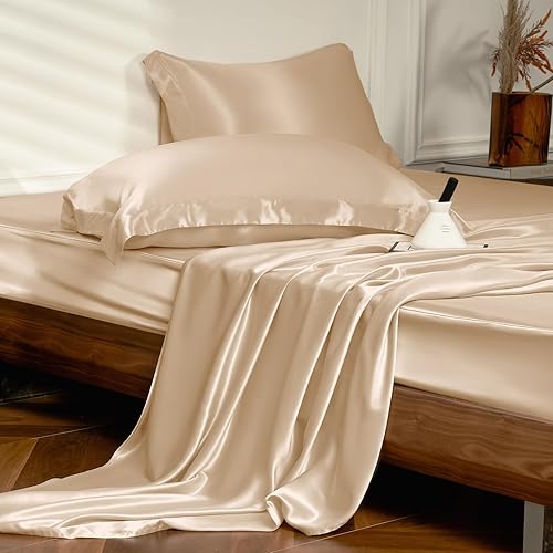 THXSILK 4pcs Silk Bed Sheets Set, 100% Long Stranded 25 Momme Mulberry Silk Bedding Set, Sheets and Pillowcase Set, Extremely Soft and Luxurious (Champagne, Queen)
