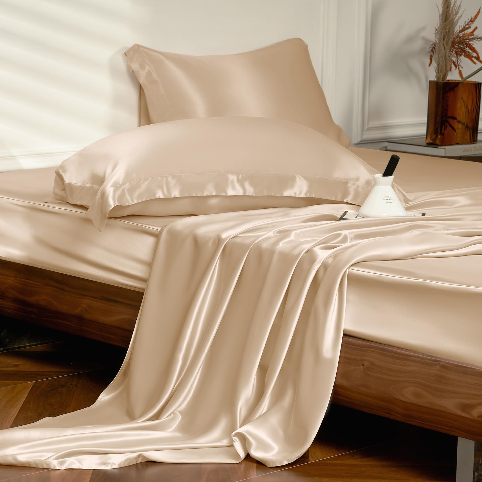 THXSILK 4pcs Silk Bed Sheets Set 100 Long Stranded 25 Momme Mulberry Silk Bedding Set Sheets and Pillowcase