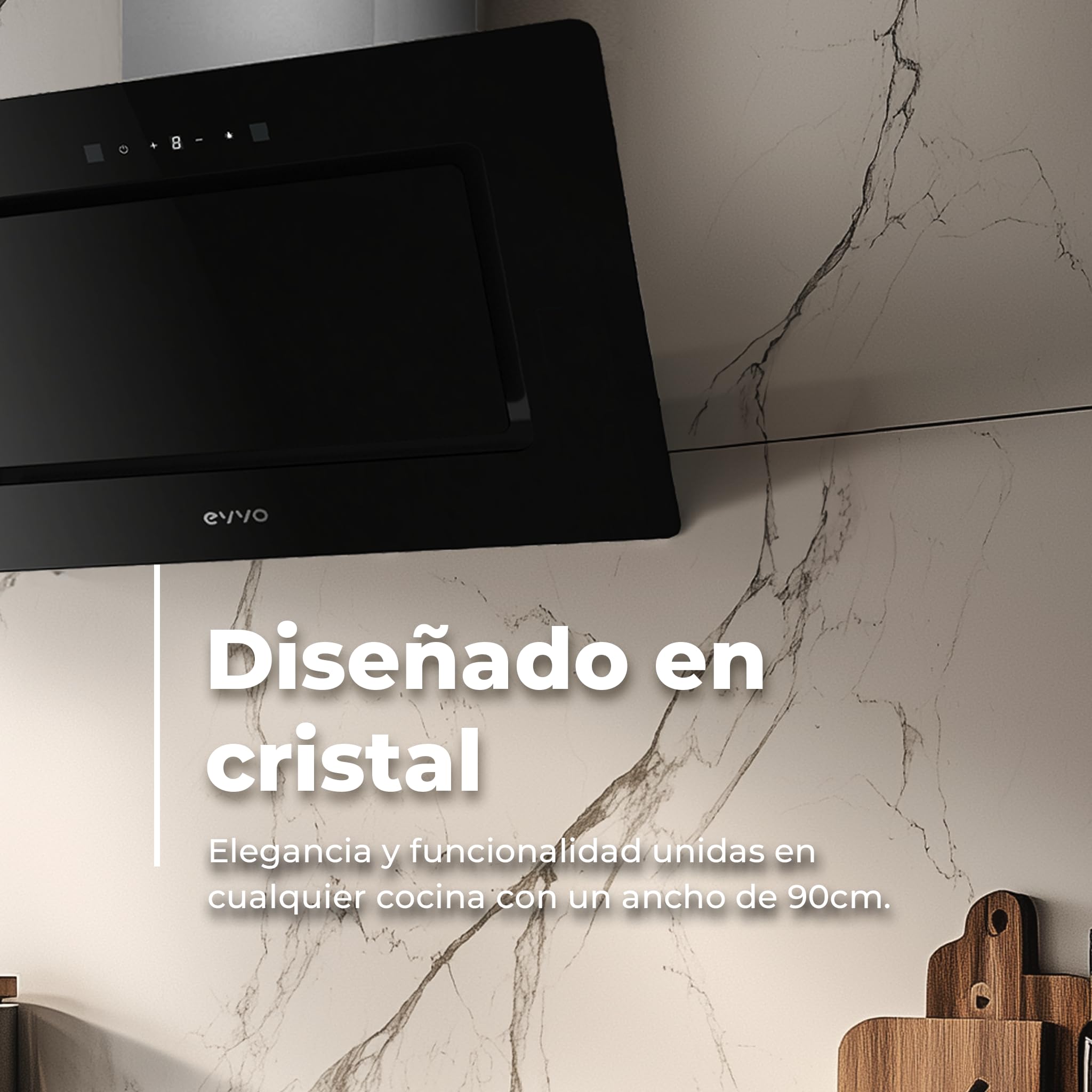 EVVO Campana Extractora 90 cm Ancho Decorativa, Potencia 800 m³/h, Filtro Aluminio y Carbón Activo, Control Táctil y Gestual, Acabado Negro Cristal, Eficiencia Energética A++ CE48 Cristal Black