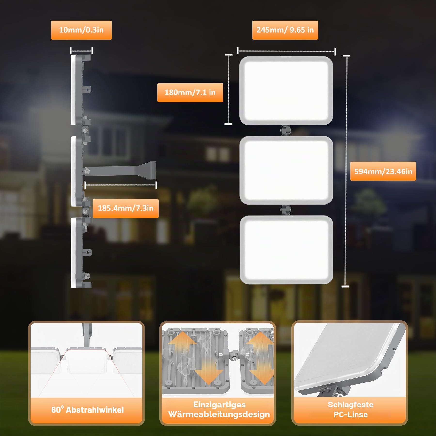Extrem helle 300W LED Flutlichter Außen, Neue verbesserte Sicherheitsleuchte 2026, 30000LM helle Stadionleuchten, 6000K Tageslichtweiß, IP65 wasserdicht, verstellbarer Außenflutlichter für Haus- Grau