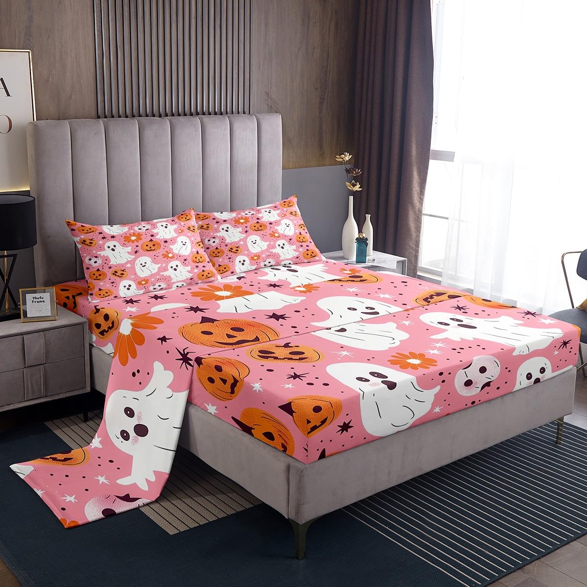 jejeloiu Halloween Decor Bed Sheets Set Twin Size Pumpkins Bed Set Cartoon Ghost Deep Pocket Fitted Sheet Spooky