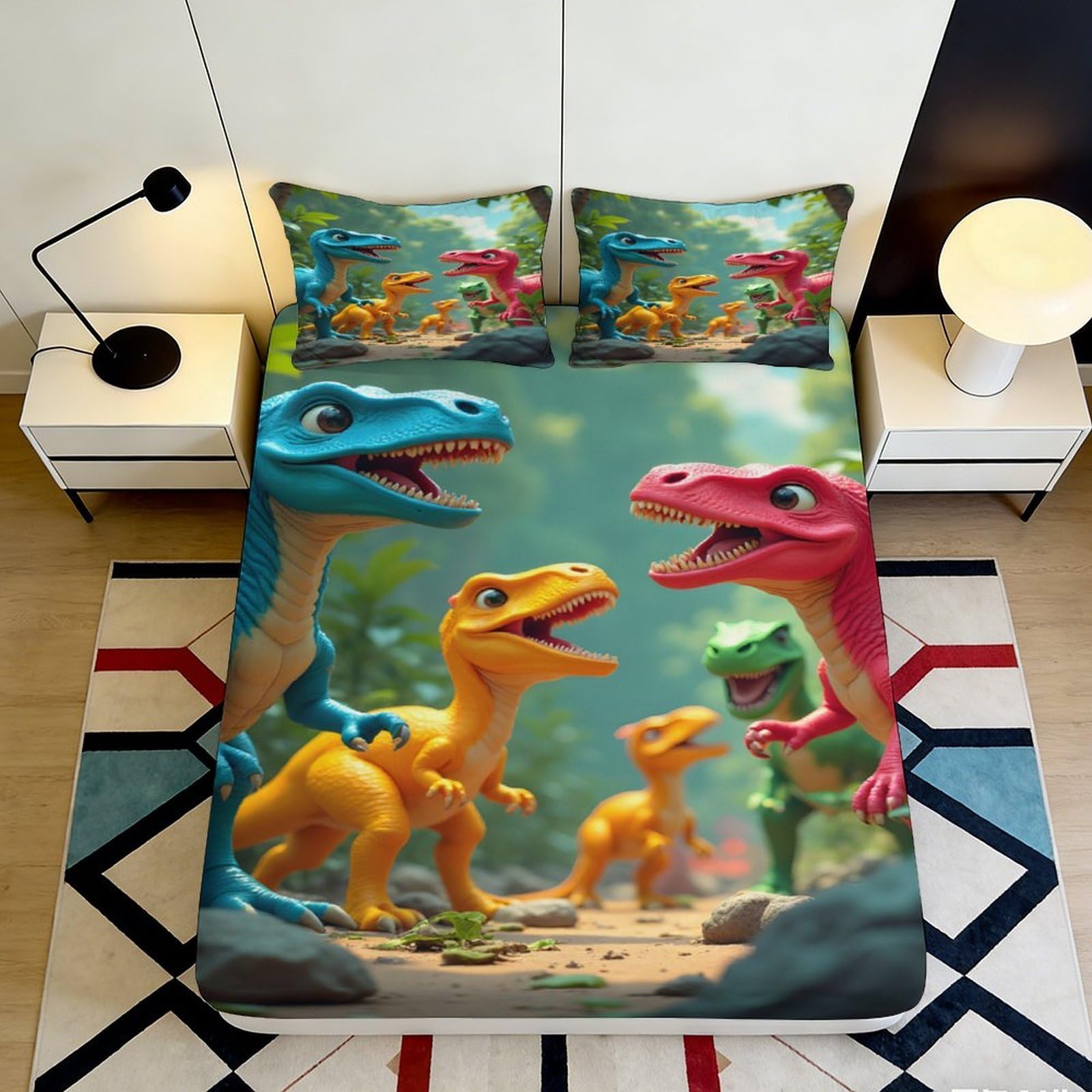 Wtorimpel Style-3 3D Printed Dinosaur Fitted Sheet Soft Microfiber Kids Teens Bedding Set Non-Slip Deep Pocket Dinosaur Mattress Fitted Cover Elastic Hem Washable Bedroom 90X200x25cm