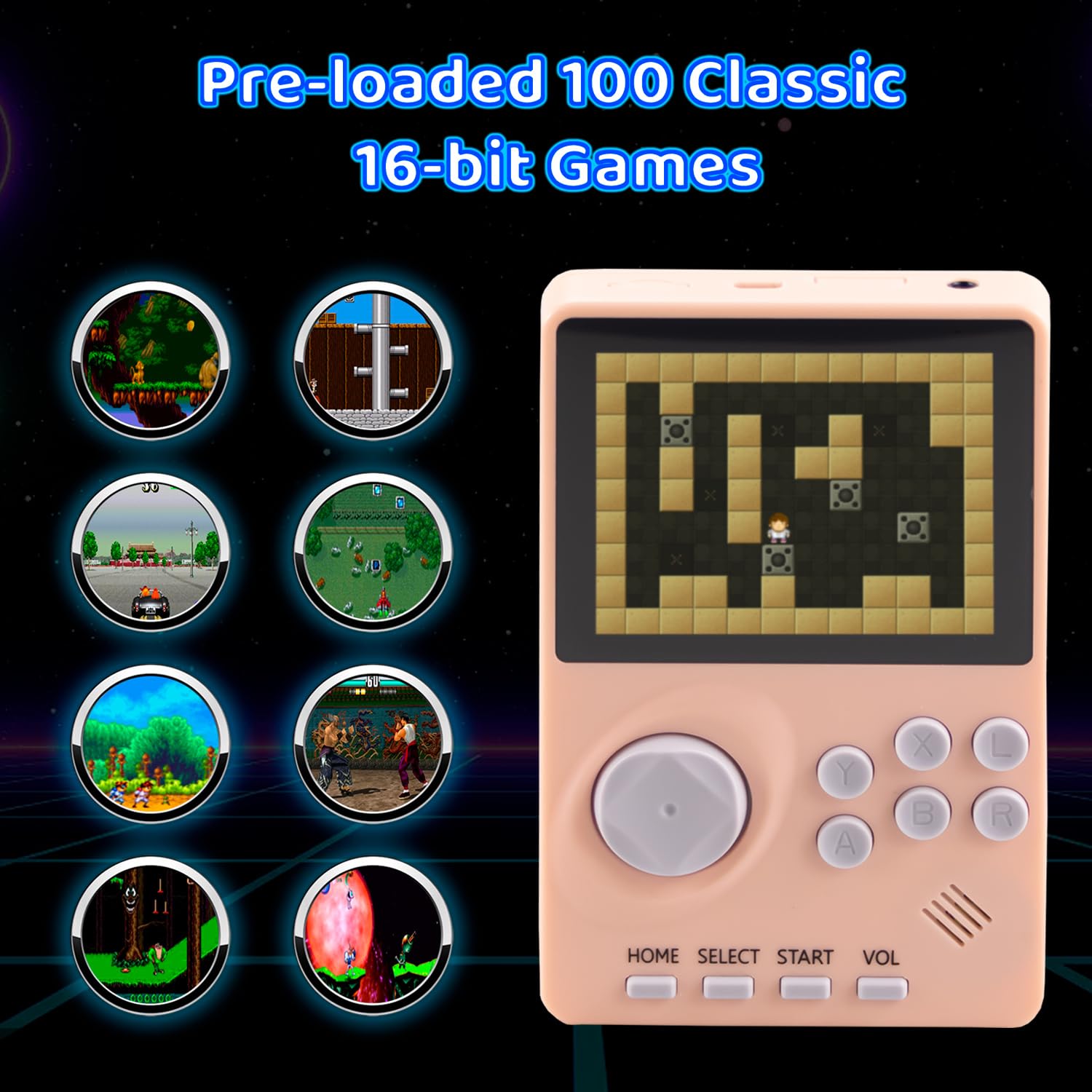 Consola de videojuegos de mano para niños, 100 juegos de 16 bits, consola de juegos retro de mano, consola de juegos fácil de llevar, pantalla a color de 2.8 pulgadas, batería recargable, consola de