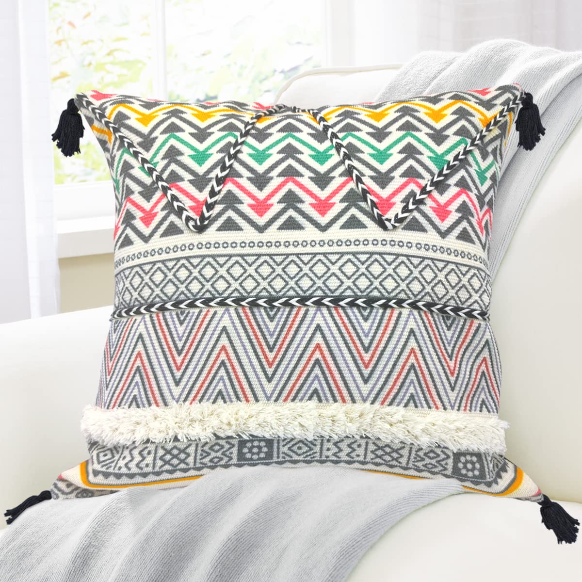 Alysheer Ozdobna poszewka na poduszkę z frędzlami w stylu boho, 45 x 45 cm, bawełna, aksamit, dwustronna, tkana poszewka na poduszkę w stylu boho, na sofę, kanapę, do salonu, na zewnątrz, kolor różowy)