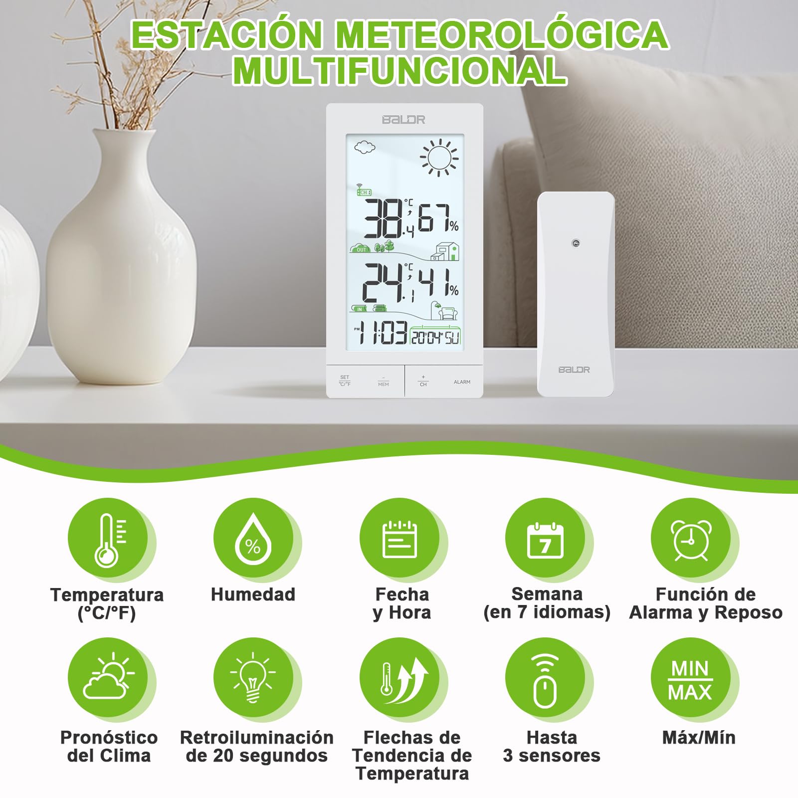 Estación Meteorológica Inalámbrica Con Sensor, Termómetro Interior Y Exterior Higrómetro Pantalla LCD De 6,0" Previsión Del Tiempo Día Semana Reloj Despertador Función Retroiluminación (White)
