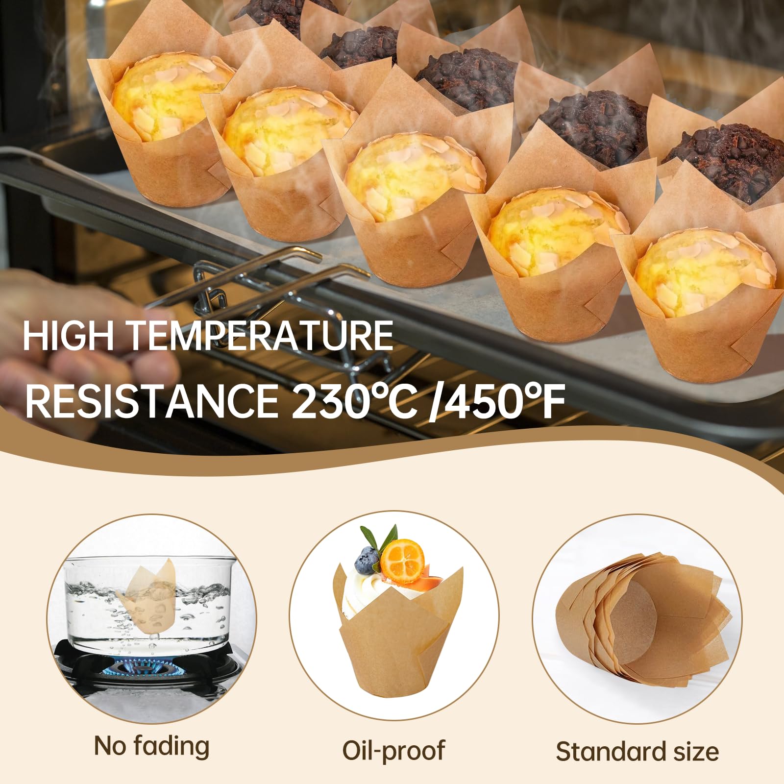 LUZOON Muffinvormpjes, 200 stuks papieren vormen voor muffins en cupcakes, geschikt voor muffins, bakkerijen, catering, bruiloften en verjaardagen (tullip