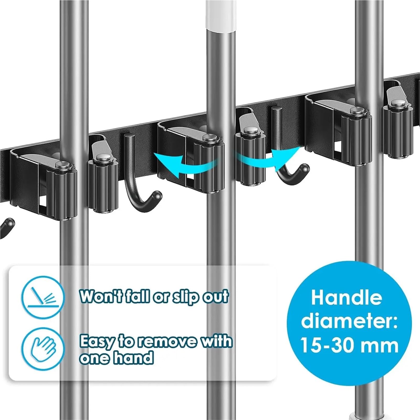 Porta Scope Parete Gancio portaoggetti for garage for lavanderia resistente, 5 ripiani in acciaio inossidabile con 4 ganci per cucina(Black)