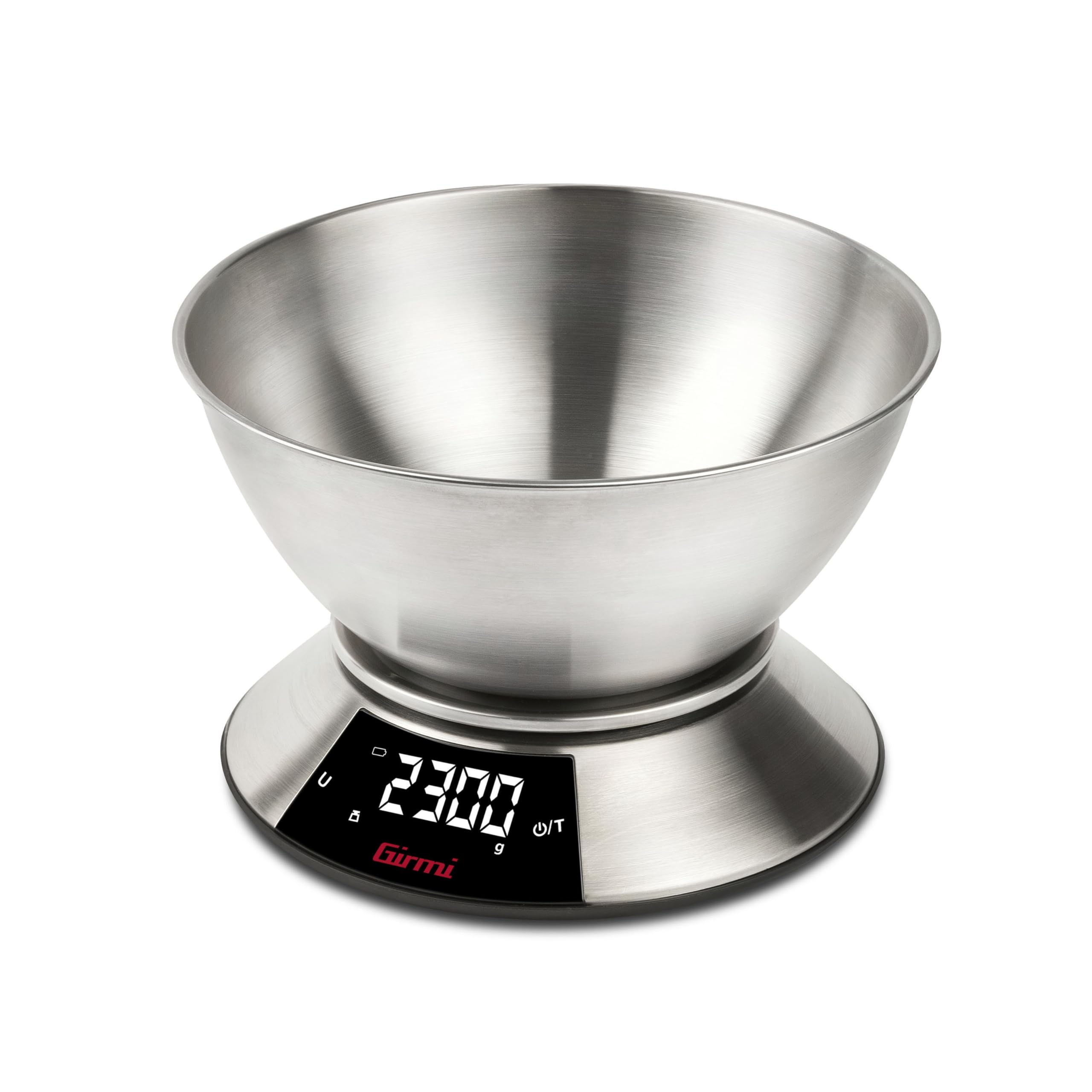 Girmi PS86 Bilancia da Cucina, Grande ciotola 2 L, Corpo e Ciotola INOX, Grande Display 58 x 30 mm, Misurazione 1gr/5Kg, Funzione Tara