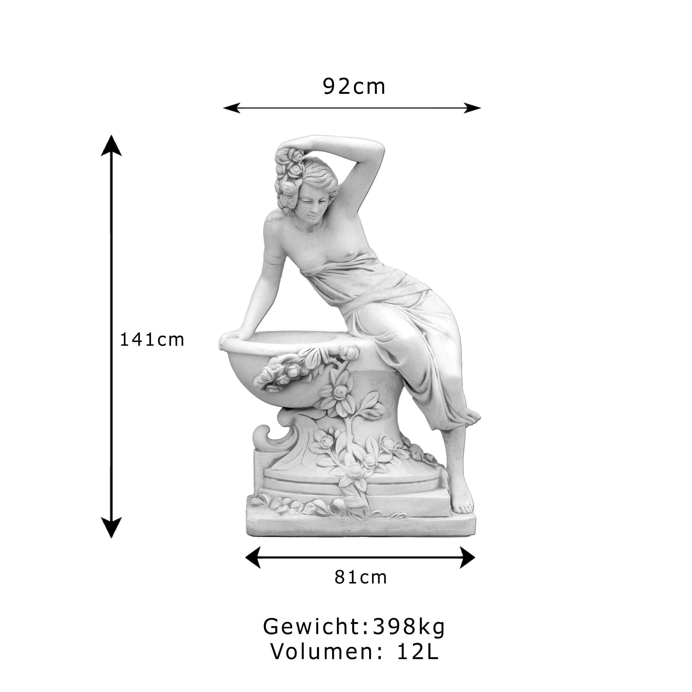 gartendekoparadies.de Frauen-Statue mit Pflanzschale Pflanzgefäß aus Steinguss, Grau, Frostsicher für Außenbereich, H. 141 cm, 398 kg