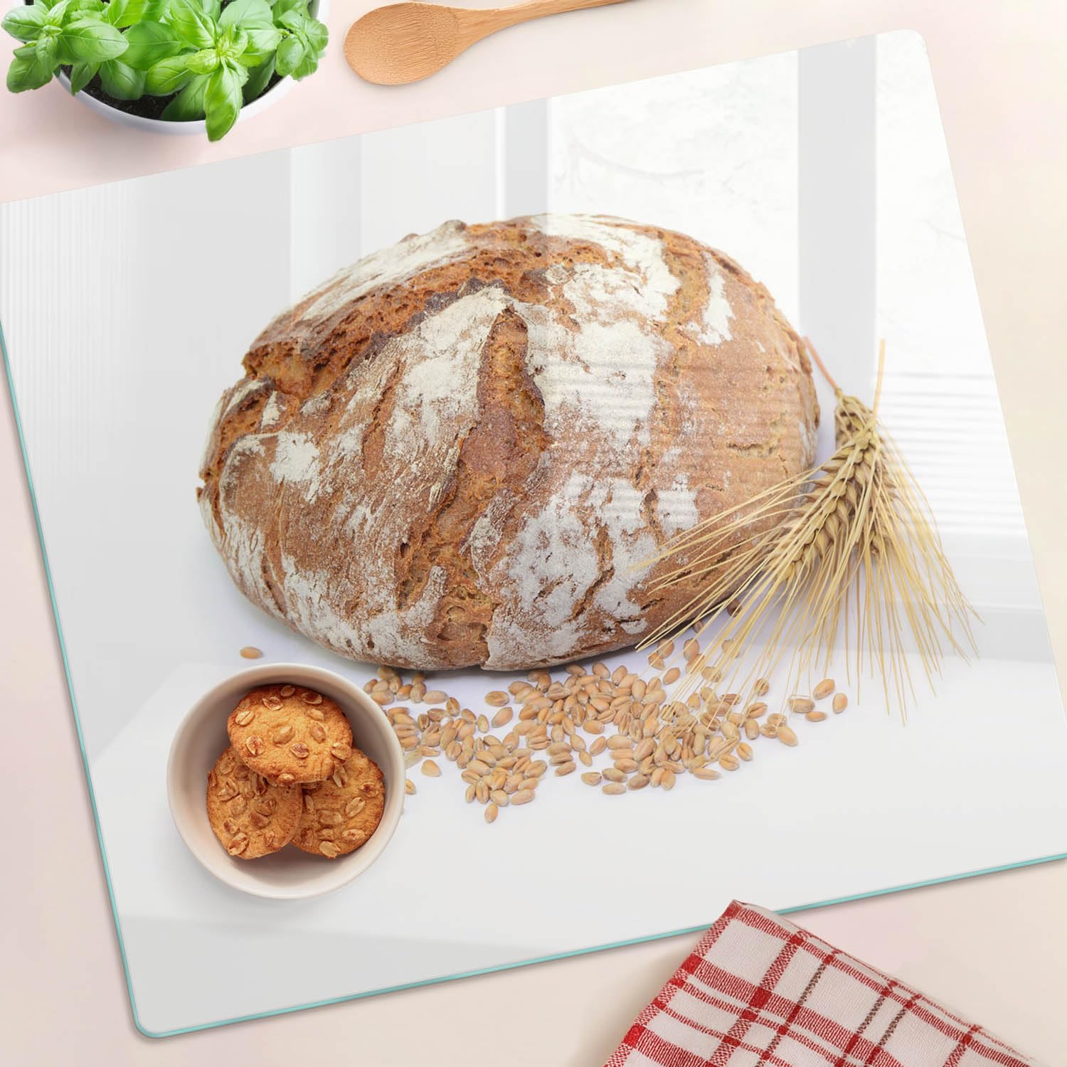 Tagliere in Vetro 60x52 cm Facile da Pulire Rettangolare con Stampe da Cucina Antigraffio Durevole e Igienico con Piedini Antiscivolo Resistente al Calore - Pane e grano