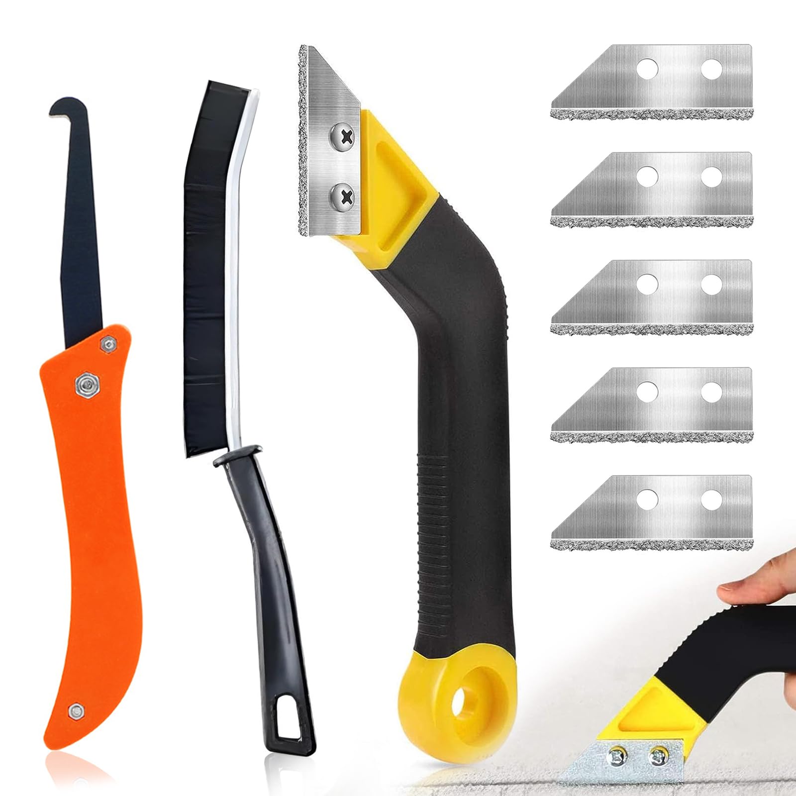 8 Pcs Pro Grout Scraping Rake Tool, Grout Clean Remover Tile Grout Hand Saw Angled with 5 Pcs Extra Replacement Accessories Bruch for Tile Cleaning