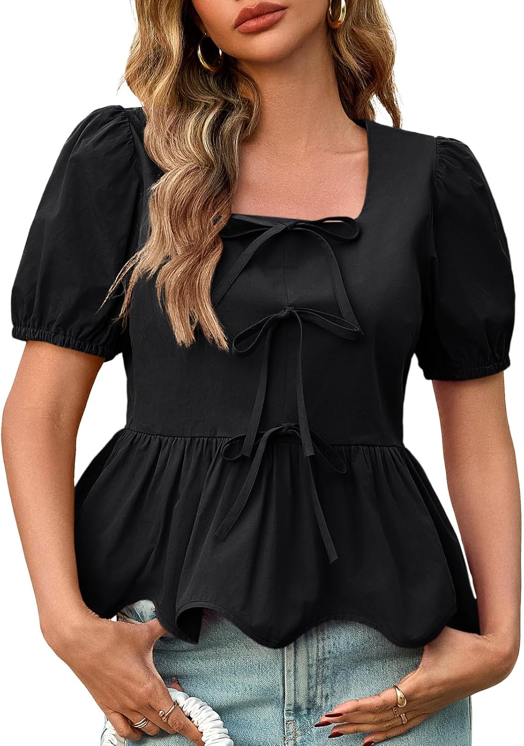 Tankaneo Womens Summer Peplum Babydoll Tops Square Neck Short Puff Sleeve Blouses Ruffle Cute Bow Shirts