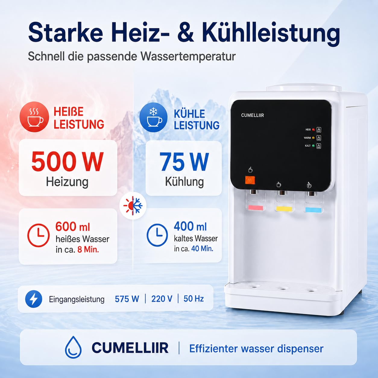 Elektrischer Wasserspender Mit Kühlung, Wasser Spender Automat 500W+75W, 15℃ Kühlung, 90℃ Heiztemperatur, Kaltwasserspender Heißwasserspender Für Büro Zuhause