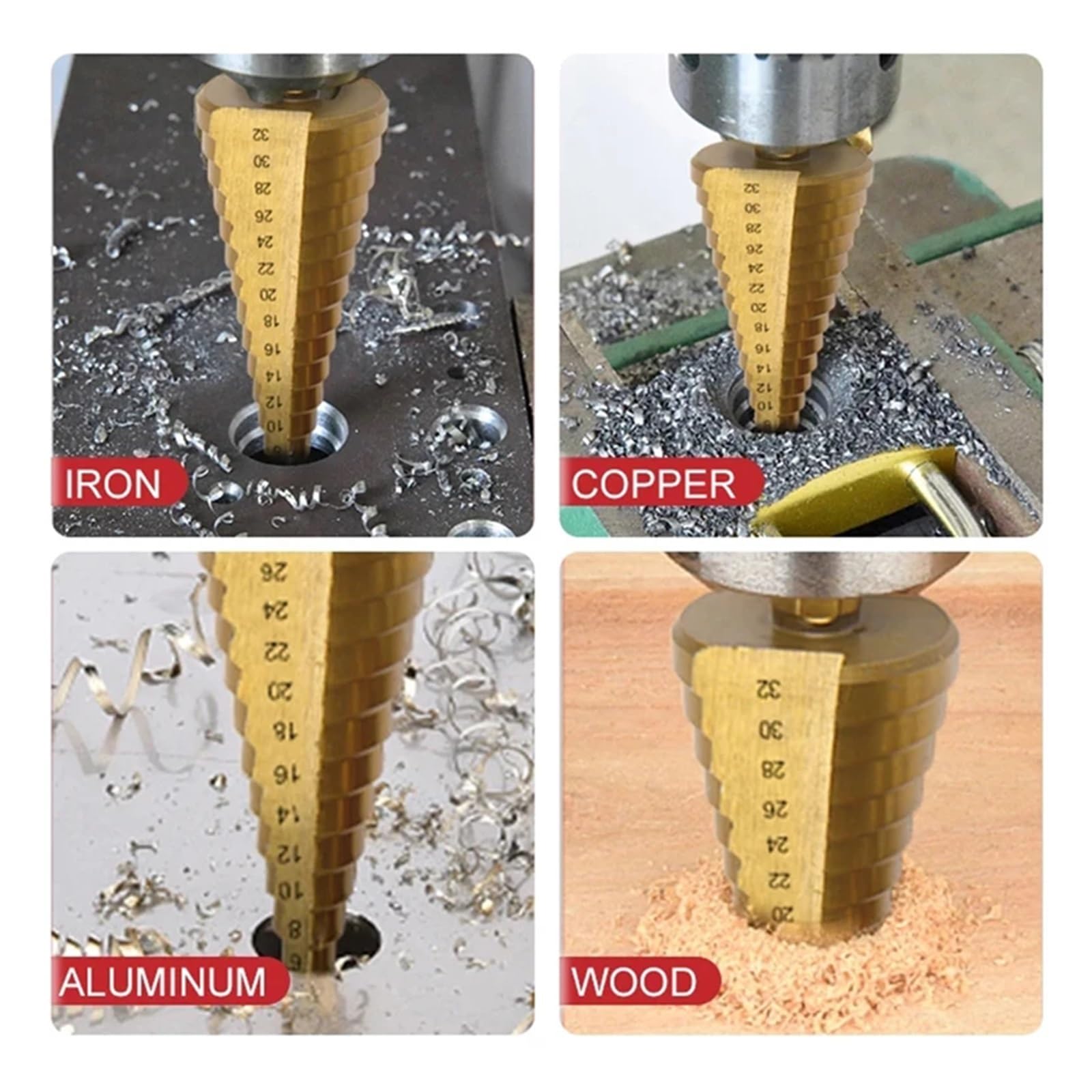 Brocas helicoidales de sierra escalonada recubiertas titanio 5 piezas | Juego de brocas multiusos for trabajos diarios de perforación en metal y madera.(E3)