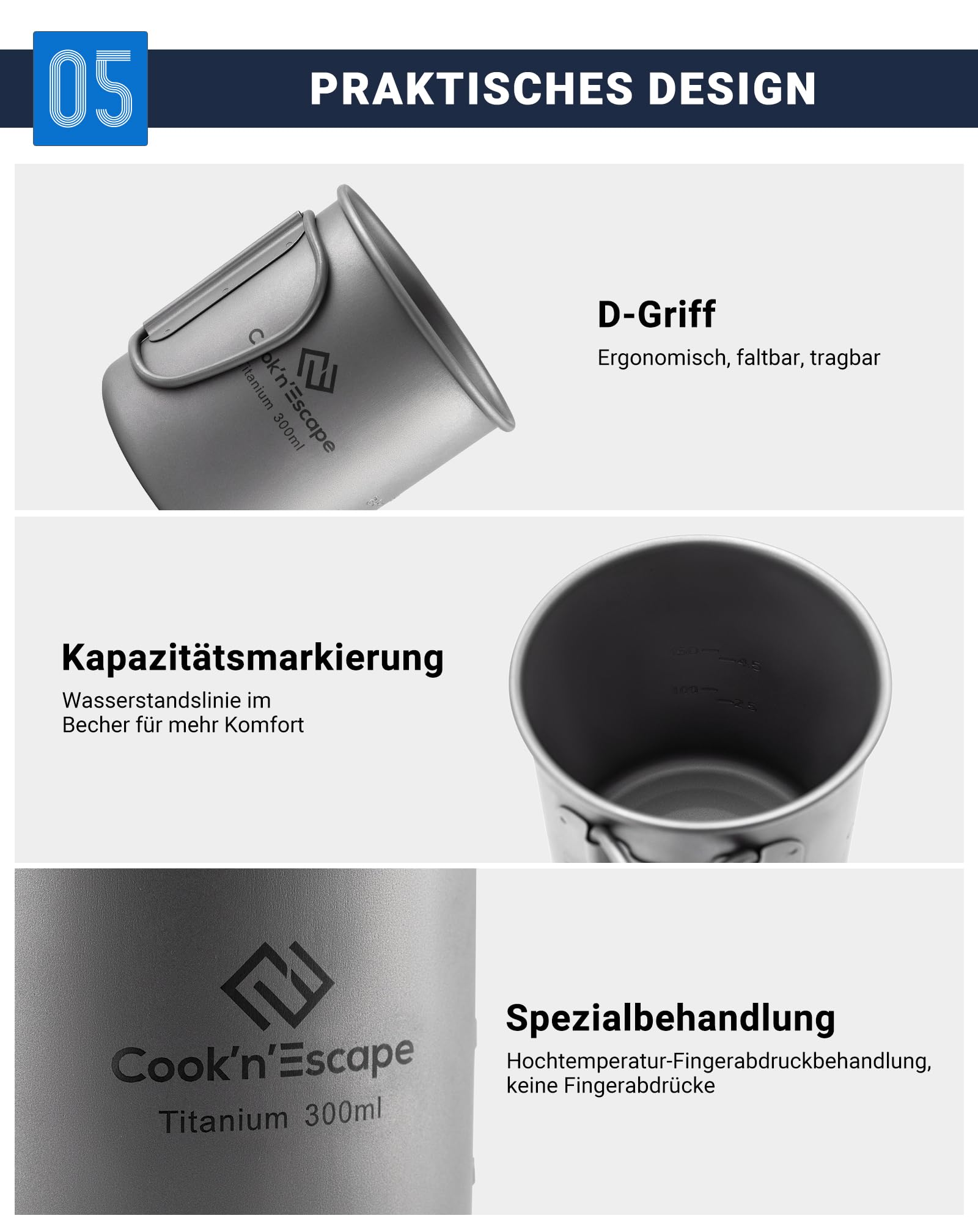 COOK'N'ESCAPE Titan Becher Camping – Ultraleichte Camping Tasse aus Titanium mit Deckel und klappbarem Griff, Aufhängbar, Robust & Hitzebeständig, ideal für Camping, Wandern und Outdoor-Picknick