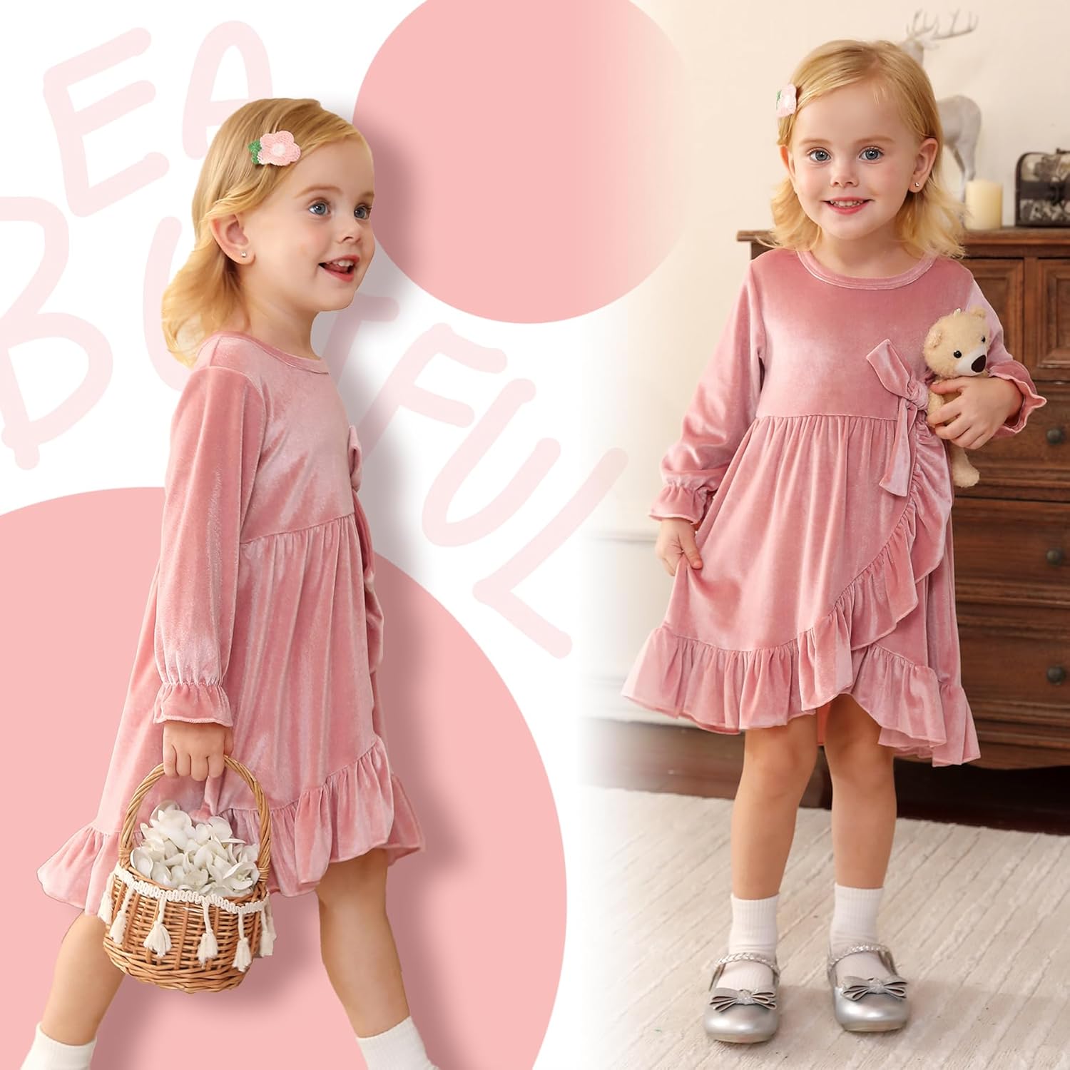 YOUNGER TREE Kids Toddler Dress Baby Girls Fall Dresses Ruffle Long Sleeve Bowknot Casual Winter Dress for Girl - Image 3