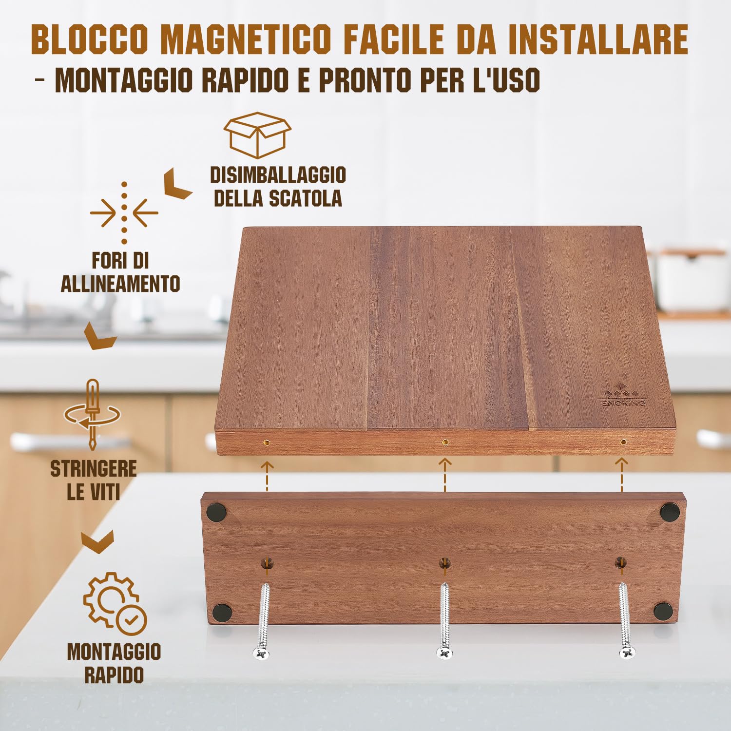 ENOKING Grand Porta Coltelli Cucina 38,6 x 23 cm, Portacoltelli da Cucina Doppio Lato Magnetico, Ceppo Coltelli da Cucina Vuoto, Ceppo Portacoltelli Premium Magnetico Senza Coltelli - Acacia