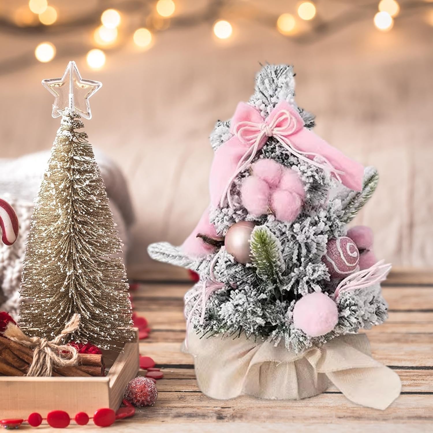 Set di mini alberi Natale da 30 cm/40 cm, albero floccato tavolo for decorazioni fai te for le feste natalizie Piccoli spazi(Roze,40CM)