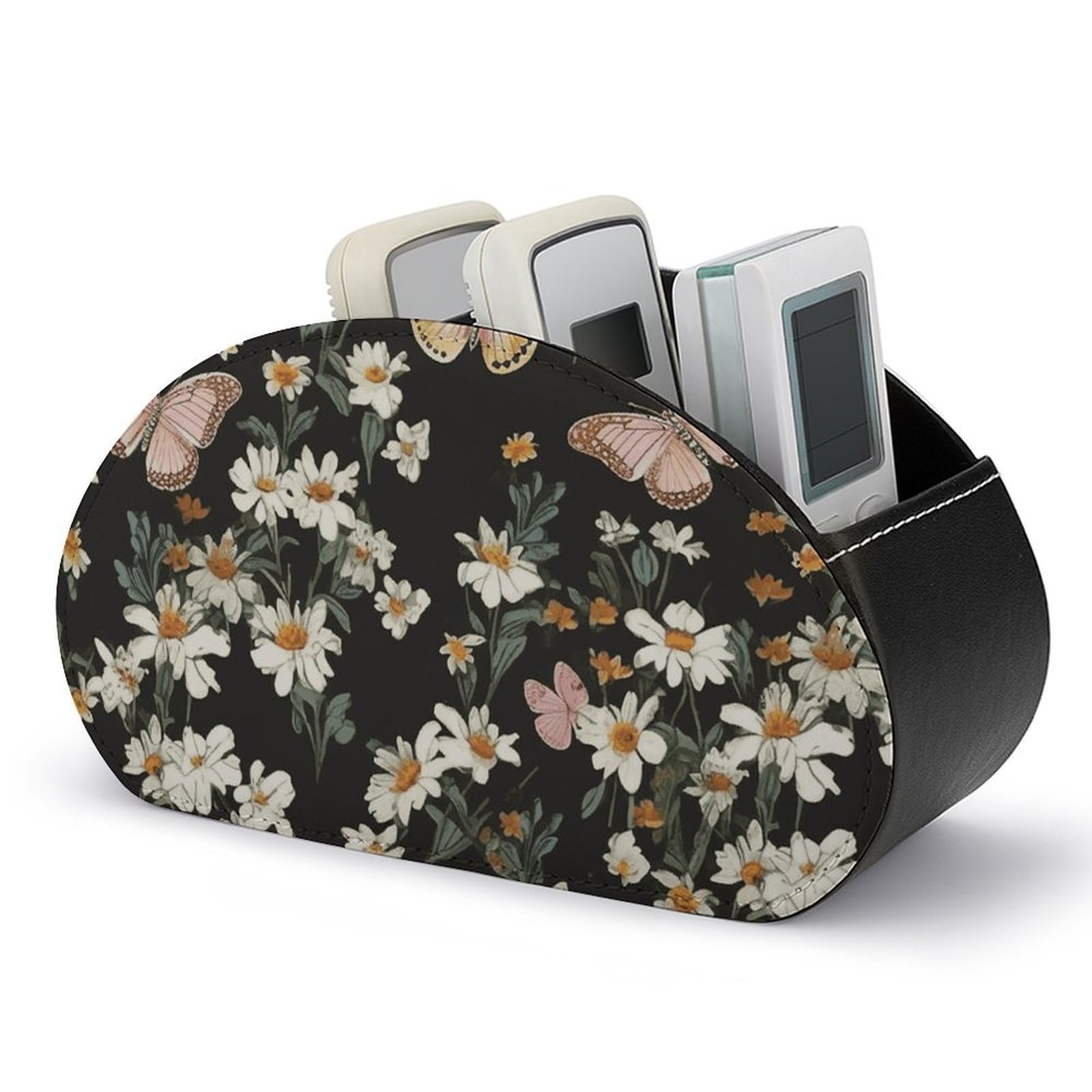 Various Butterflies And Daisies Remote Control Holder with 5 Compartment Organizer Box, Leather TV Remote Holder Organizer Caddy for Table, PU Leather Remote Box for Nightstand Office Desk Storage Box