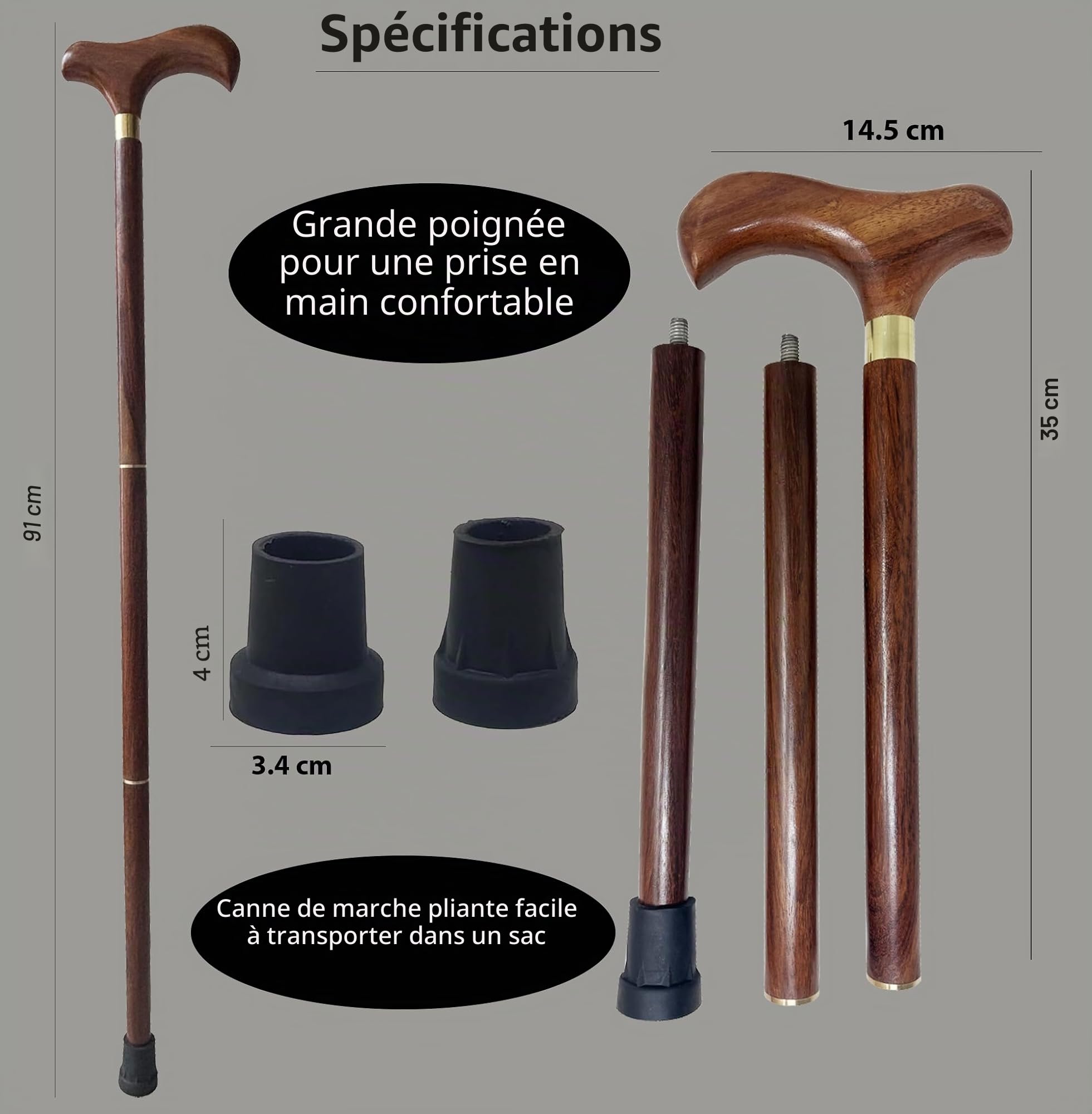 Canne de marche en bois faite à la main | Canne de marche avec poignée en laiton, 2 embouts en caoutchouc pour homme, femme, personnes âgées – 91,4 cm environ – Idée cadeau Galaxy Indiacraft