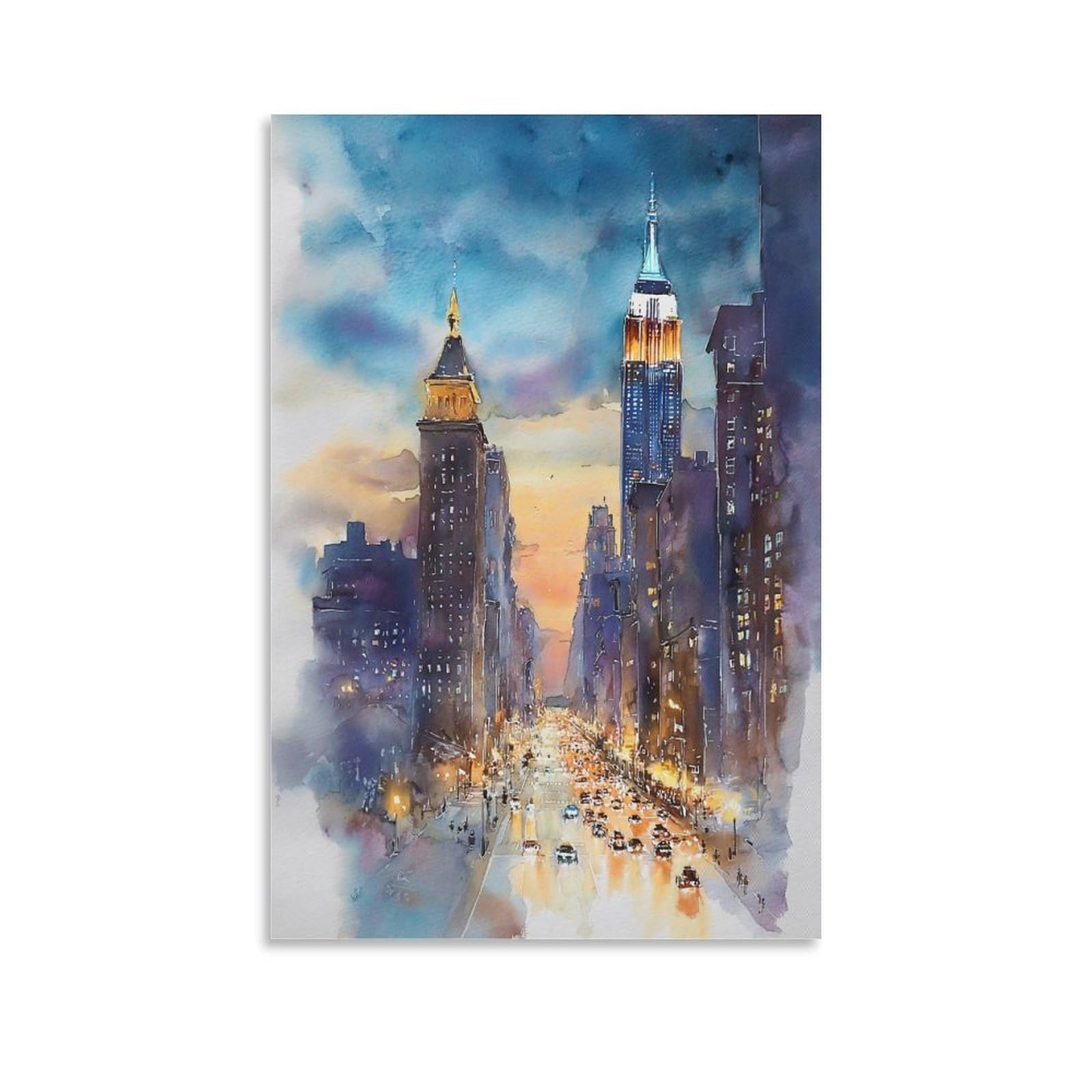 XWYMXZ NYC Skyline Watercolor New York 24x36inch(60x90cm) Vintage Travel Poster Watercolor Canvas Art