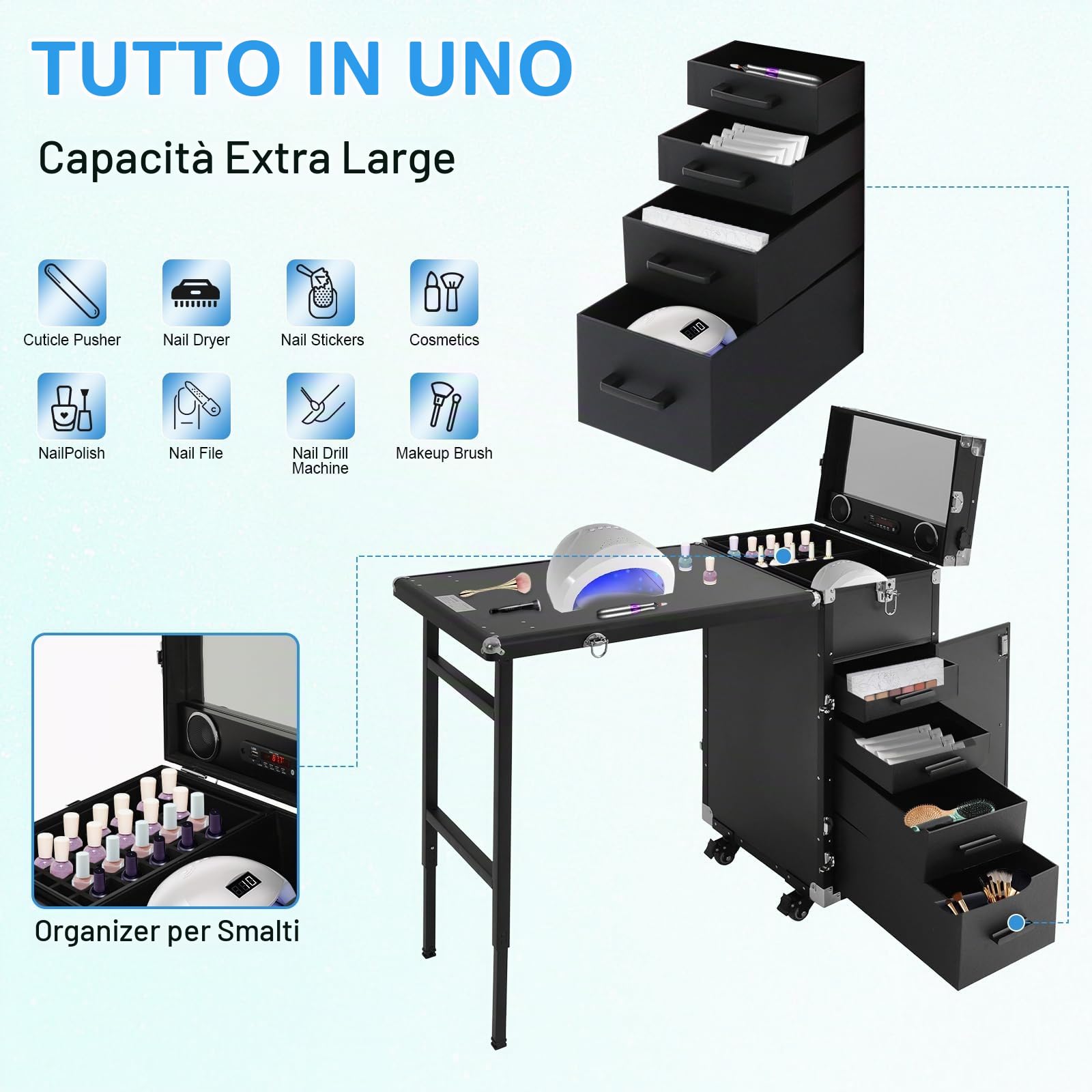 Tavolo per manicure, pieghevole, per manicure, con telecomando e treno per trucco, con 4 cassetti, per tecnici domestici, spa, salone di bellezza, posto di lavoro (nero)