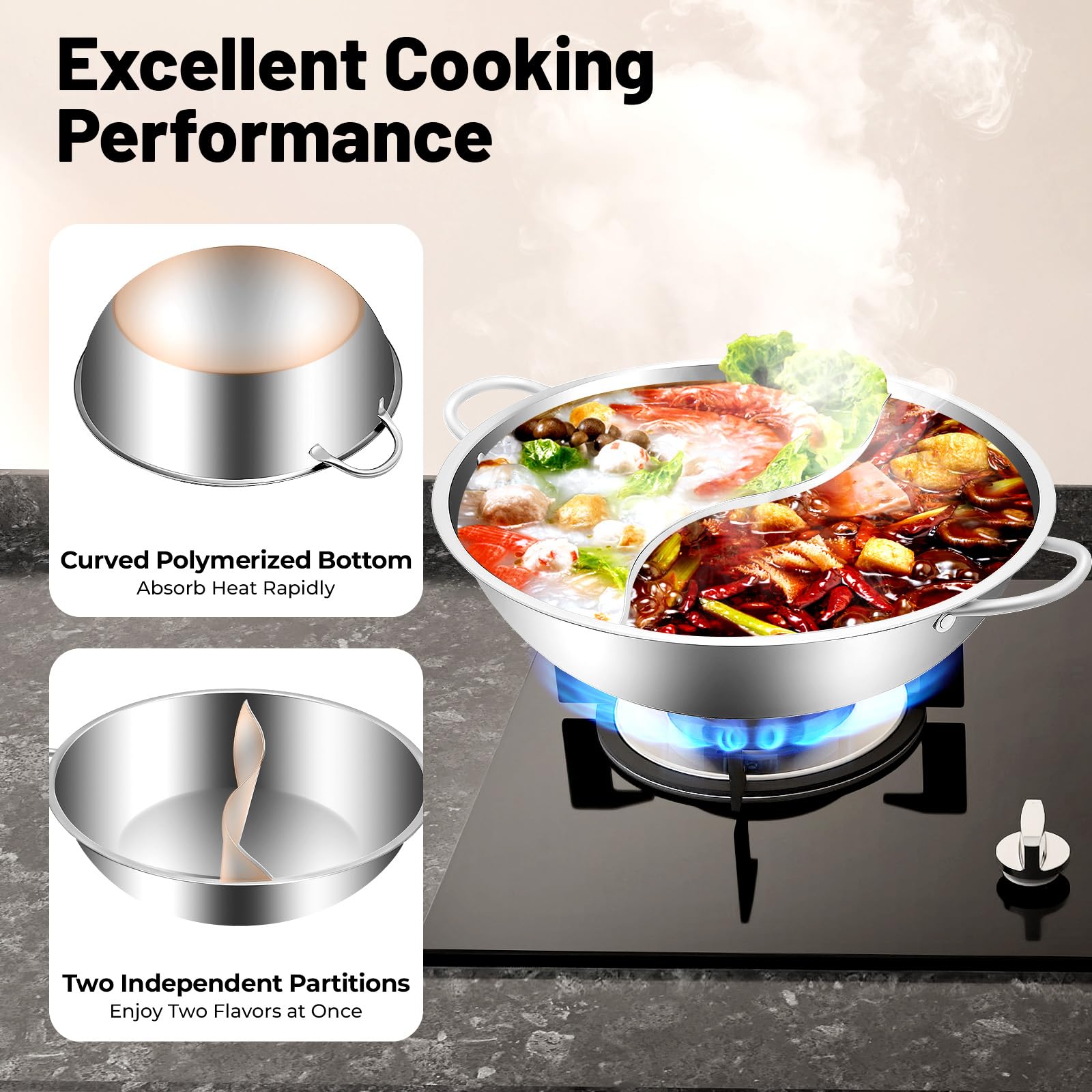 Hot Pot in acciaio inox con divisore, Hotpot padella divisa con divisorio e coperchio in vetro, pentola Dual Hotpot fornello Shabu Shabu, doppio brodo per fornello a gas a induzione (34 cm)