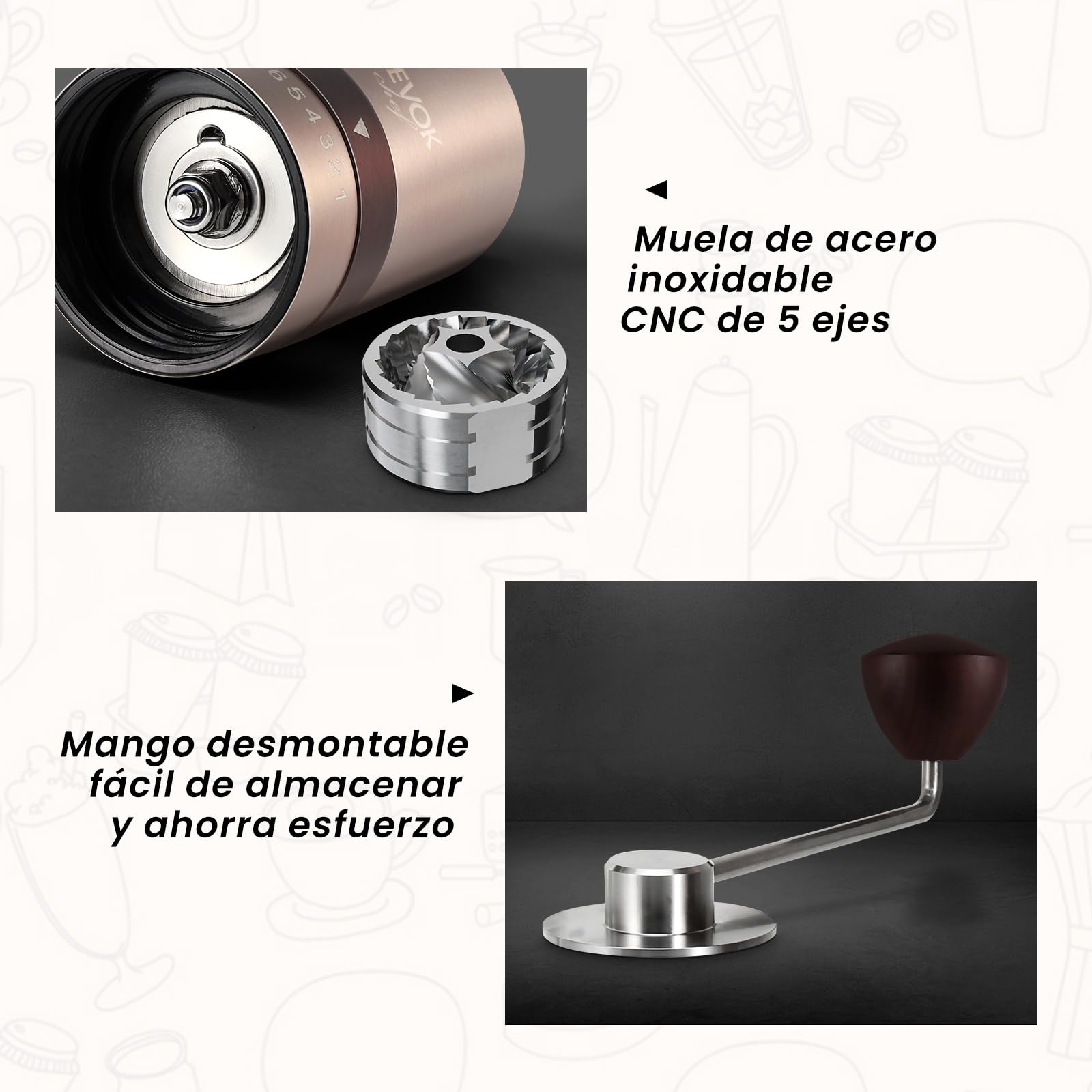 Vevok Chef Molinillo de Café Manual con 6 Ajustes Externos de Grosor para Espresso a French Press, Muela Cónica de Acero Inoxidable, Ideal para Casa, Oficina o Viajes, Oro Rosa