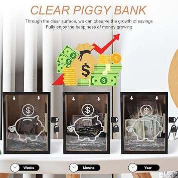Clear Piggy Bank with Lock, Large Money Saving Jar Money Bank Box Container for Cash Saving, Openable Clear Money Coin Change Bank Jar Container Penny Piggy Jar Bank for Adults Kids, Black