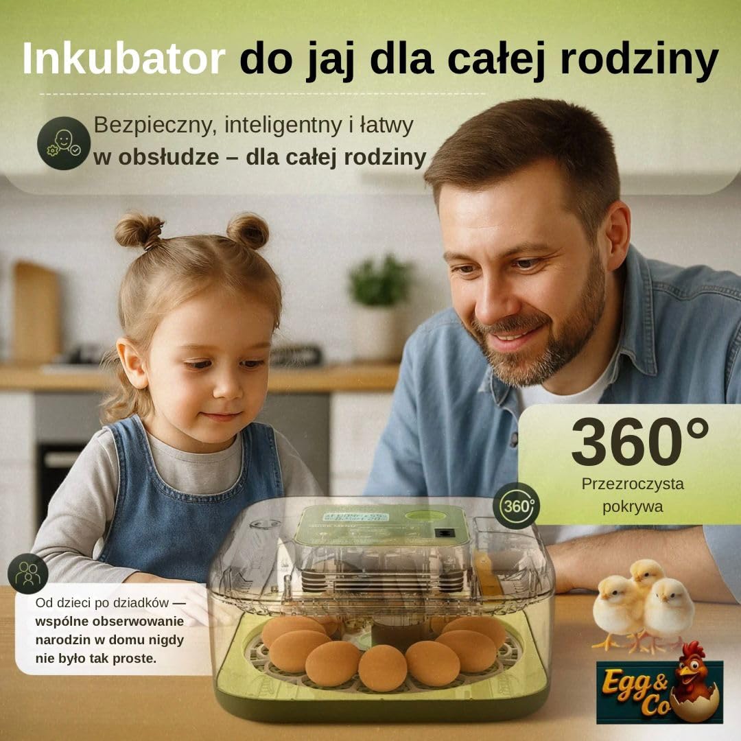Egg&Co Start 12 – Automatyczny inkubator na 12 jaj kurzych (36 przepiórczych). Precyzyjna wilgotność, automatyczne obracanie, butelka i ovoskop w zestawie. Dla początkujących i zaawansowanych. | Osiągnij sukces od 1. inkubacji • W zestawie przewodnik Egg&