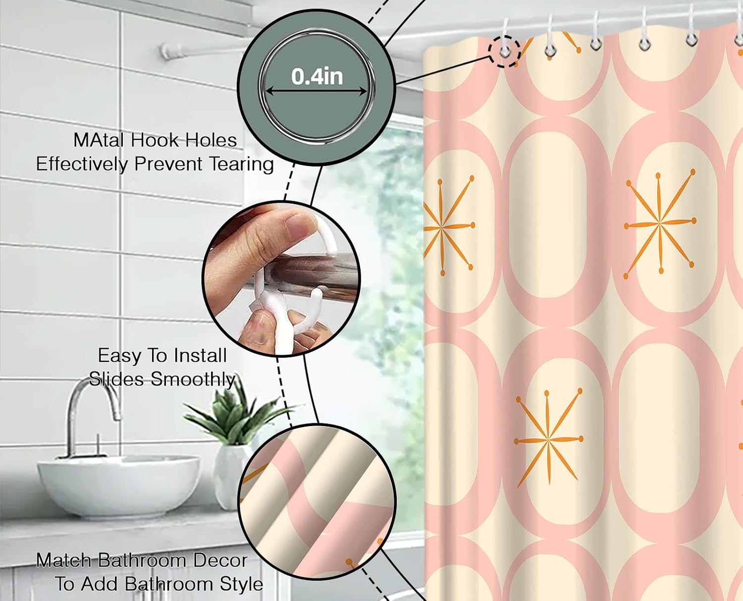Mid Century Shower Curtain Modern Abstract Atomic Starbursts Squares Retro 50s Geometric Bathroom Decor Polyester Curtains with Hooks