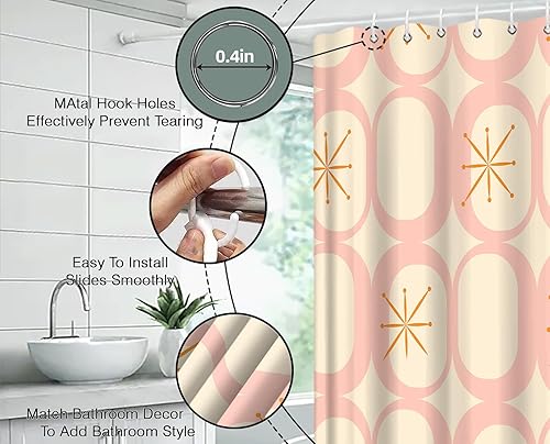 Miniatura 4 de Mid Century Shower Curtain Modern Abstract Atomic Round Squares Retro 50s Geometric Bathroom Decor Polyester Curtains with Hooks