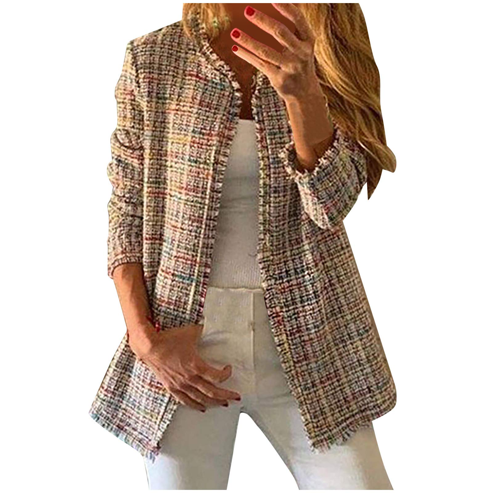 Printasaurus Blouses for Women Fashion 2021, Women Rainbow Tweed Plaid  Tassel Jacket Outerwear Cardigan Overcoat Coat, Tops for Women Long/Short 