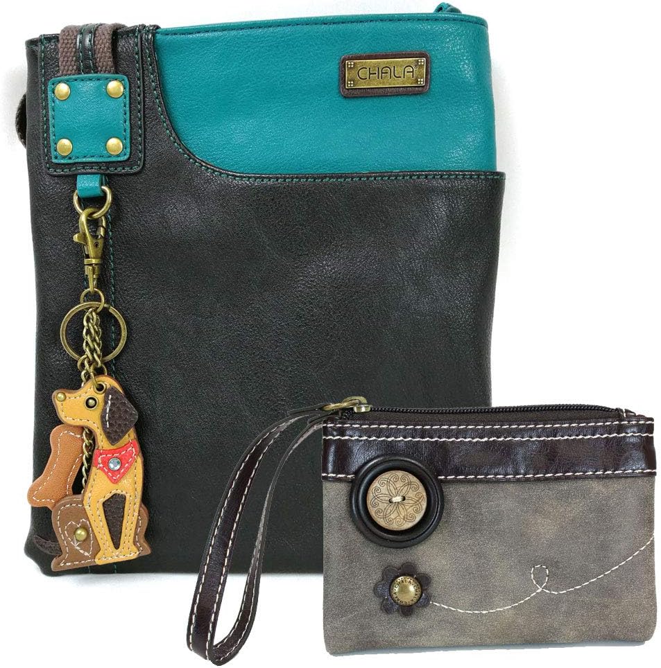 Chala Double Zip Wallet and Swing Crossbody Messenger Bag Bundle (Teal- Mini Dog + Grey Wallet)