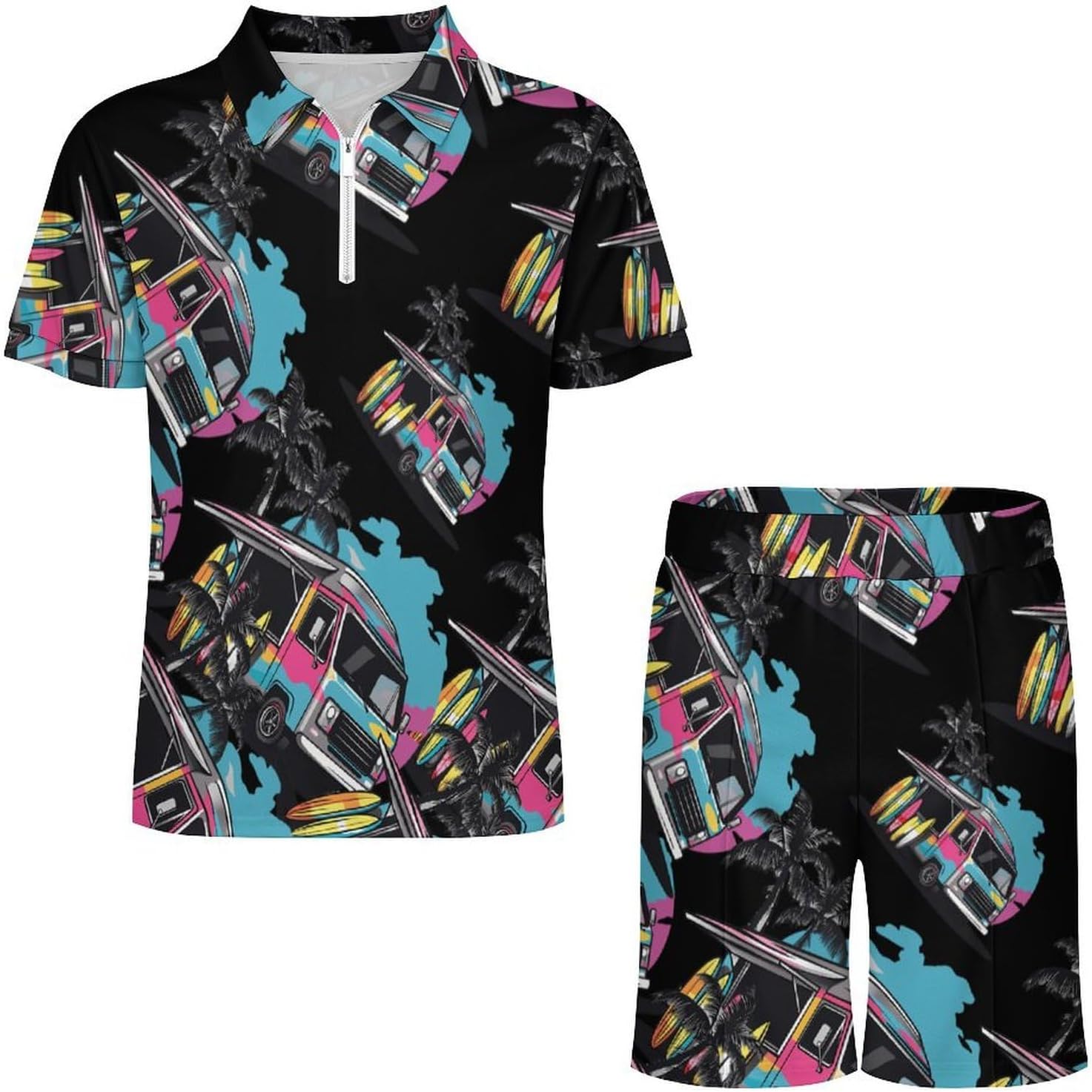 Colorful Truck And Surfboard Mens Polo Shirts Track Suits 2 Piece Short Sleeve Sweatsuit 1/4 Zip Golf Loungewear for Sports