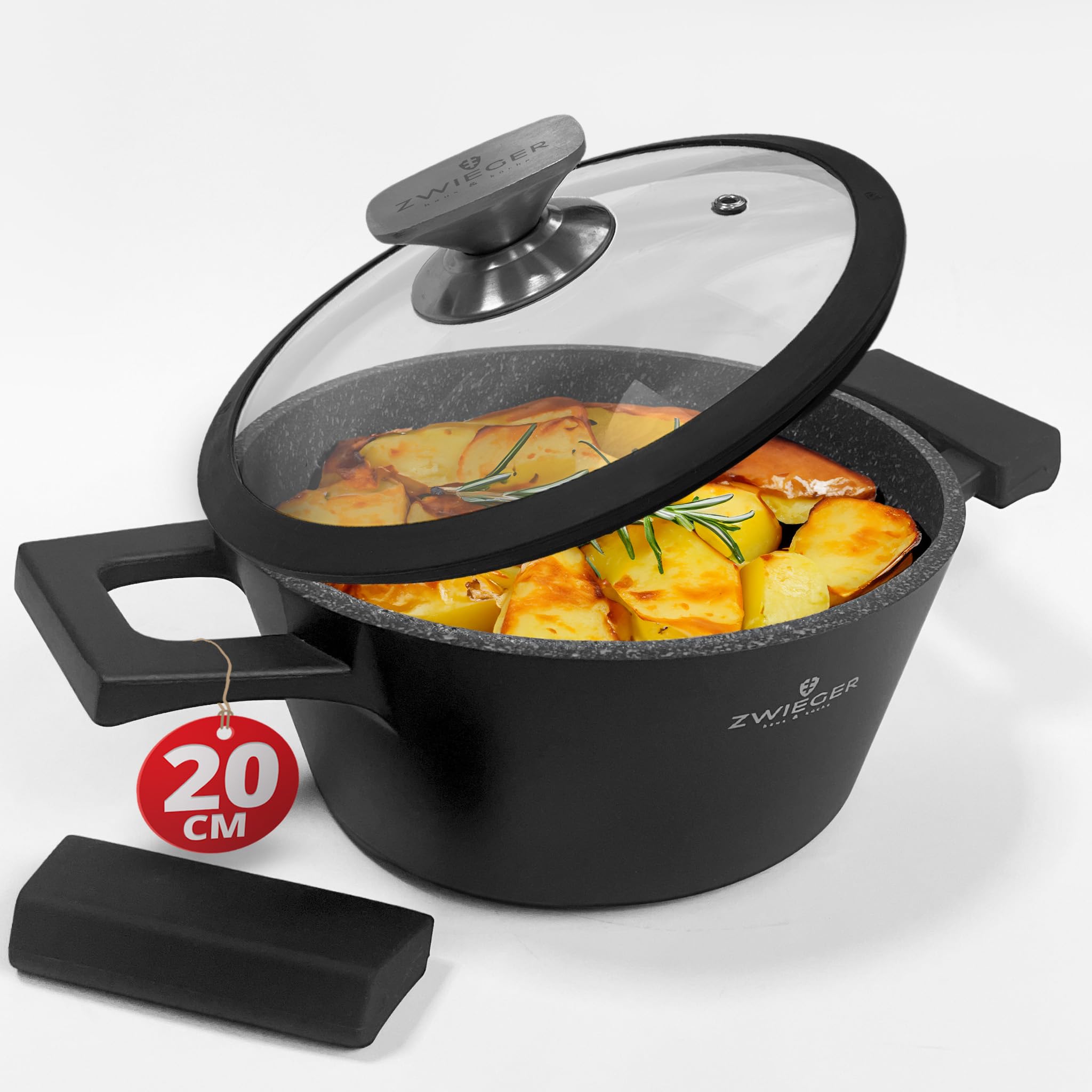 ZWIEGER 3-in-1 Schmortopf mit Deckel Backofengeeignet (20, 24, 28 cm) - Bräter induktion mit deckel - Vollflächiger Edelstahlboden, für alle Herdarten geeignet - Antihaft, PFOA-&PFOS-frei