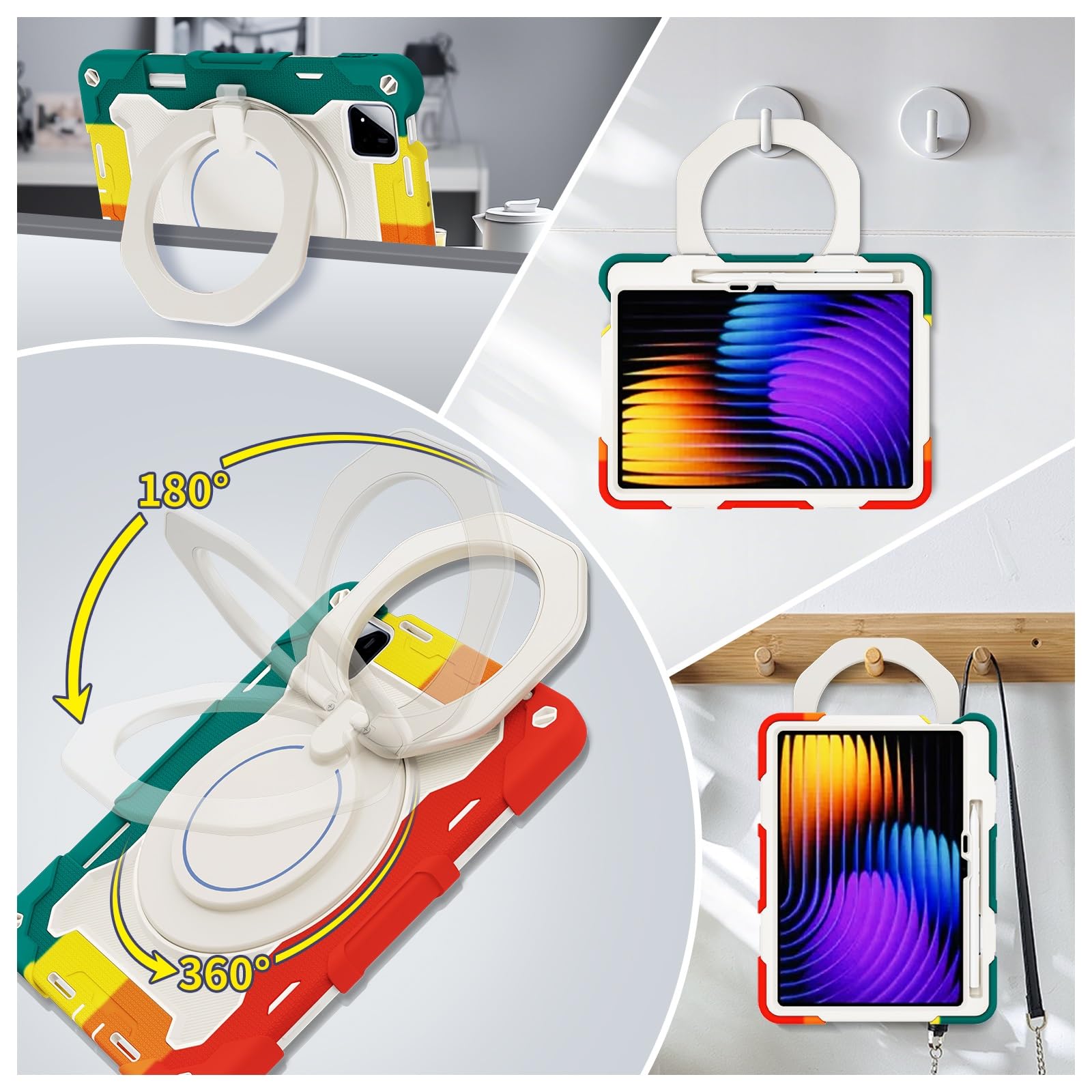 Funda protectora resistente para Xiaomi Pad 8/8 Pro de 11.2 pulgadas 2026, soporte giratorio de 360°, correa para el hombro, soporte para lápices y anillo de asa, funda a prueba de golpes