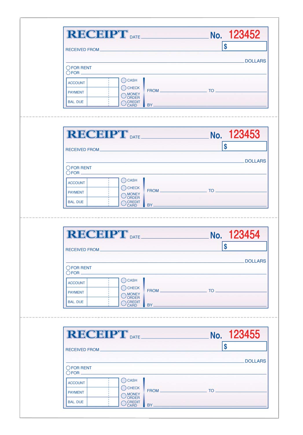 Tops Geld/Rent Receipt Buch, 3-teilig, selbstdurchschreibend, 11 x 7–5/20,3 cm, 4 Quittungen/Seite, 100 Sets pro Buch (46808)