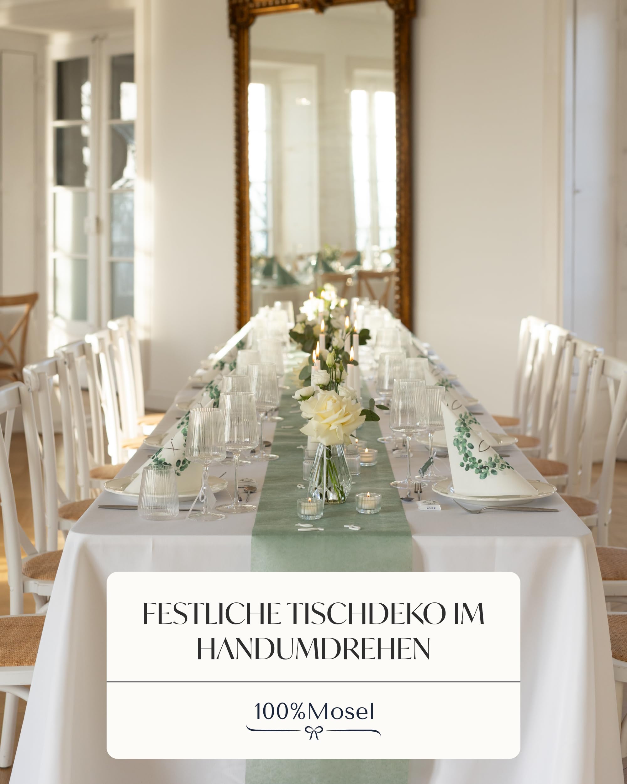 100% Mosel Tischdeko-Set – Eukalyptuskranz & Fisch (25–50 Gäste) – Komplettset für Kommunion & Konfirmation mit Vlies Tischläufer, Airlaid Servietten, Streudeko & Satinband