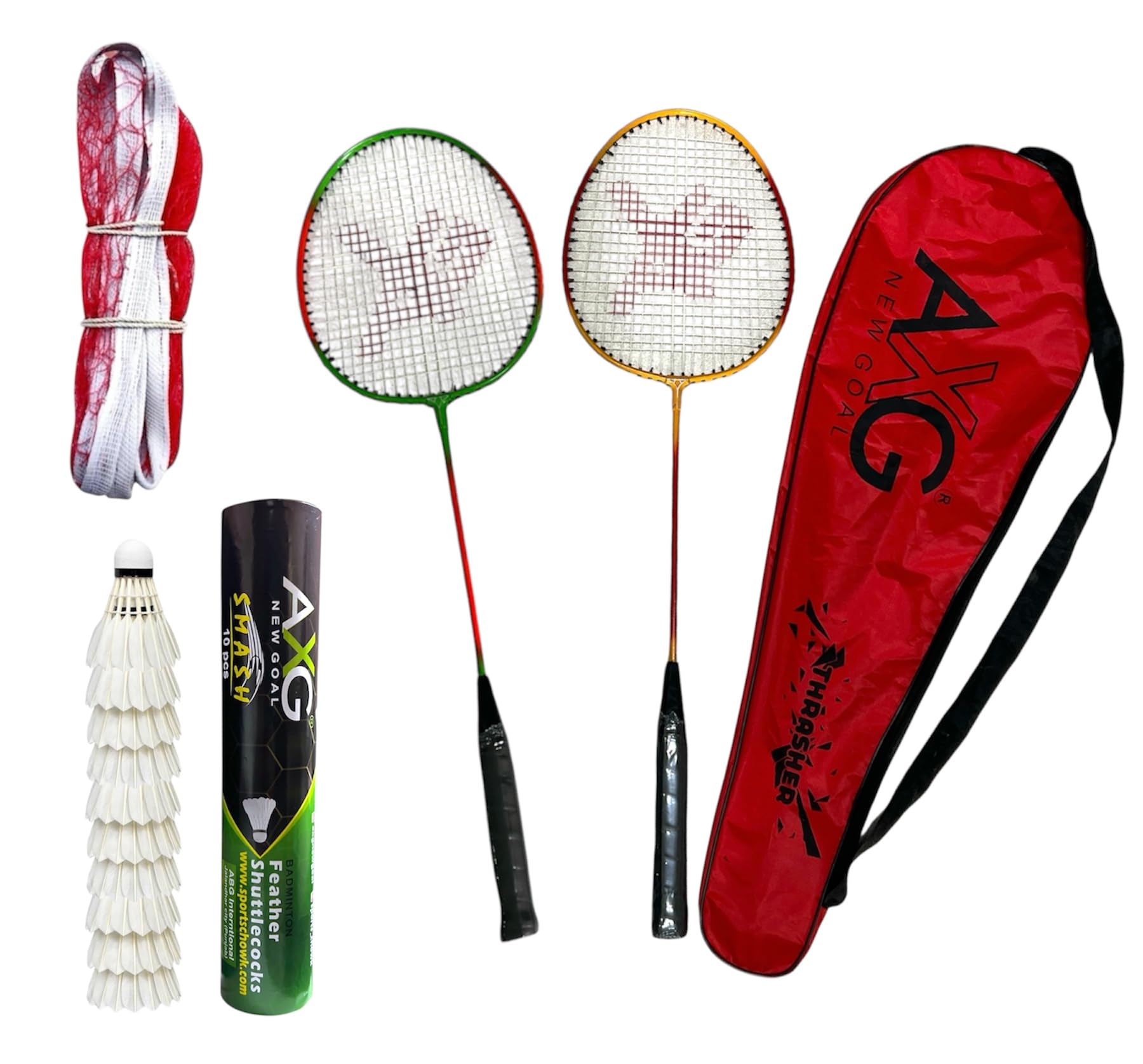 Thrasher Racquets Set of 2 with 10 Feather Shuttles & Net Badminton Kit (Multi)