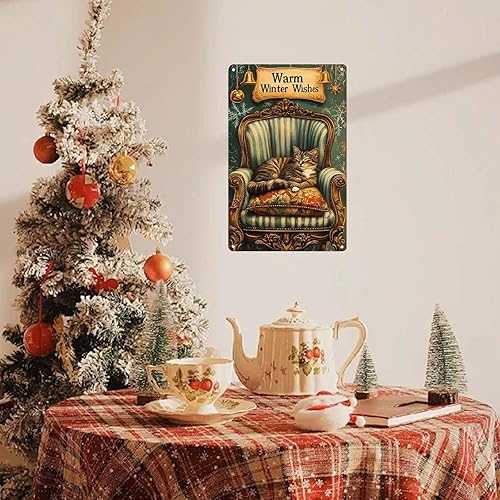 Miniatura 6 de Cartel de metal con texto en inglés "Warm Winter Wishes Cat", divertido letrero de invierno, decoración de pared rústica para patio trasero, casa de