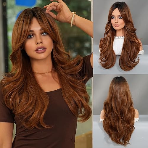 Miniatura 6 de PARK YUN Pelucas largas y onduladas de color castaño castaño con flequillo de 24 pulgadas, color marrón jengibre degradado, resistente al calor,