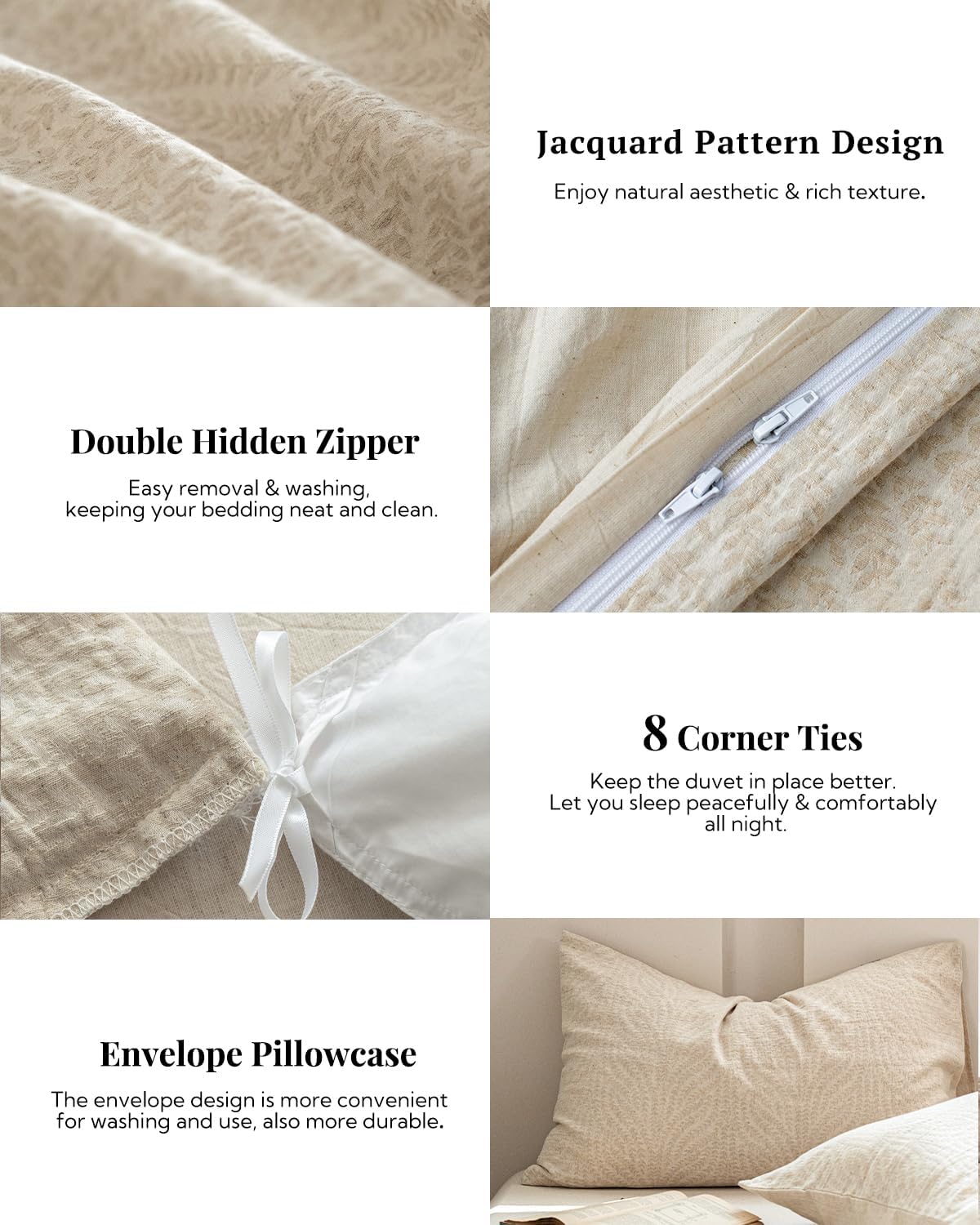 MILDLY Linen Cotton Duvet Cover - Jacquard Textured Wheat Ear Pattern Comforter Cover Set 2pcs with Zipper Closure Breathable & Minimalist for All Season