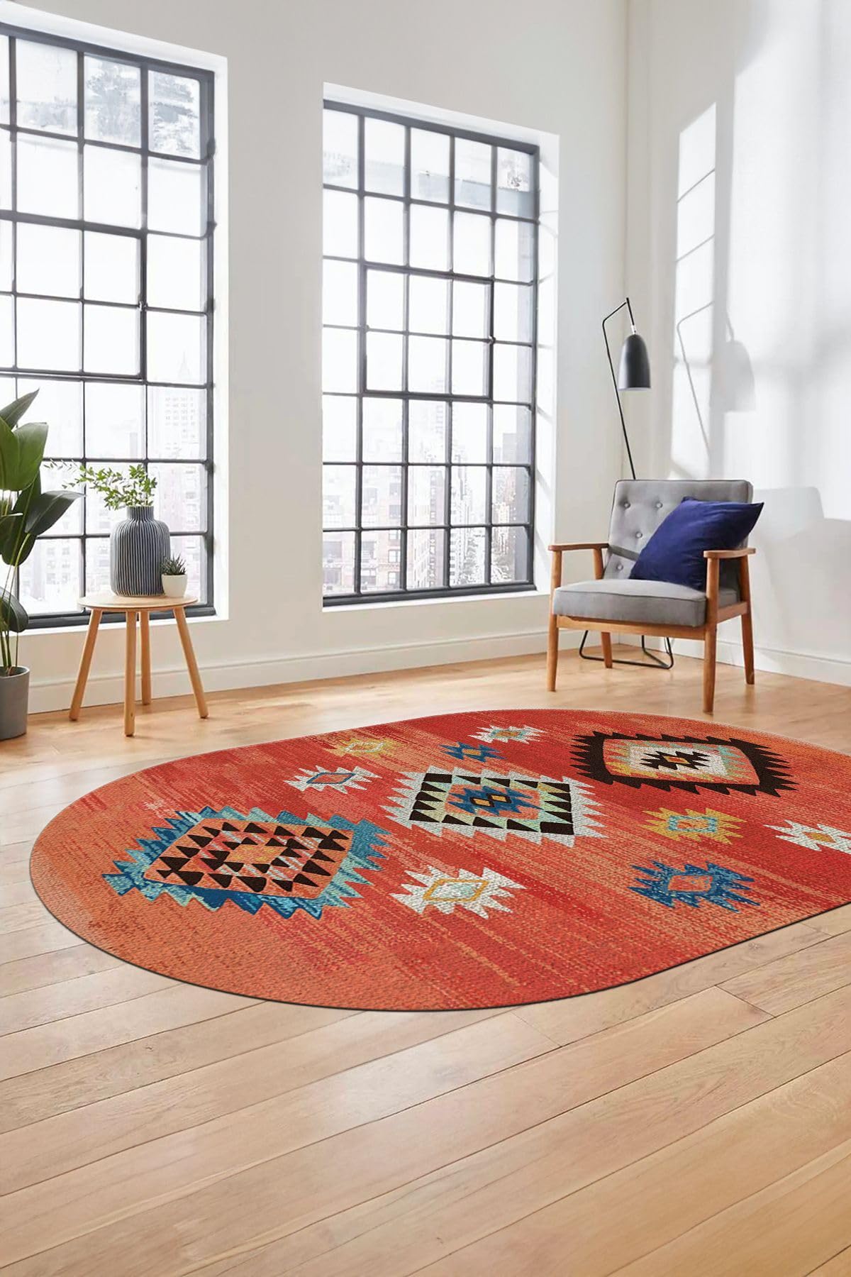 Evdeya Dijital Baskılı Kaymaz Taban Yıkanabilir Etnik Desenli Oval Mutfak Salon Halısı O-ETNİK-01, Kırmızı, 40 x 60