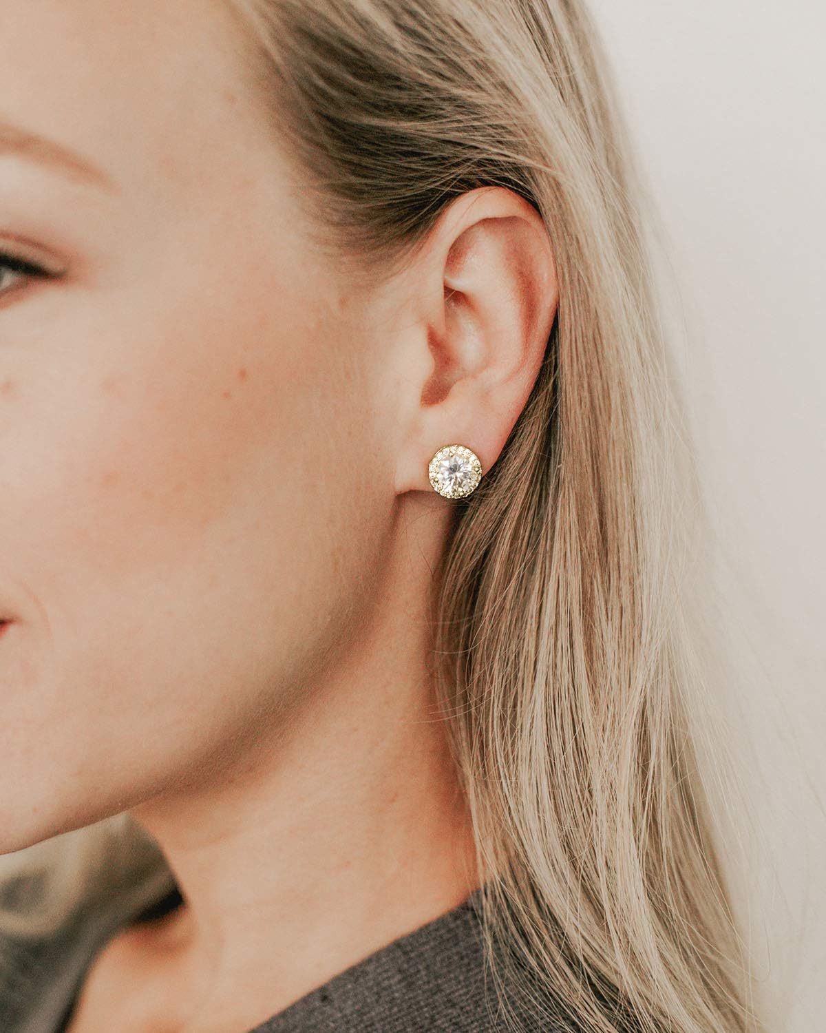 SWEETV Cubic Zirconia Stud Earrings, 8mm Round Cut, Rhinestone Hypoallergenic Earrings for Women & Girls - Image 2