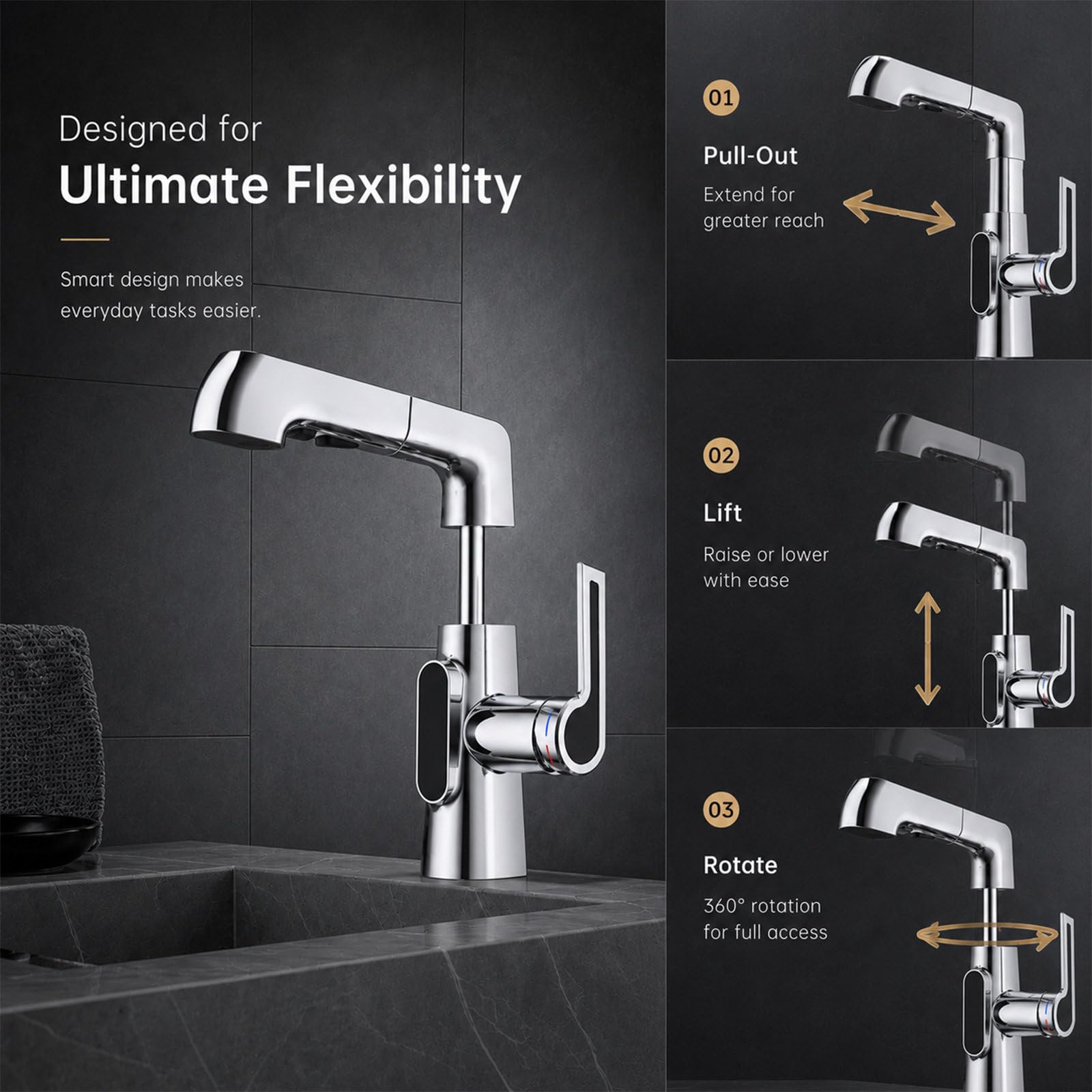 Grifo Lavabo Extraíble de Baño, Grifo de Altura Regulable con 3 Modos de Chorro, Mezclador Giratorio 360° de Latón Monomando, Agua Fría y Caliente, con Latiguillos Incluidos
