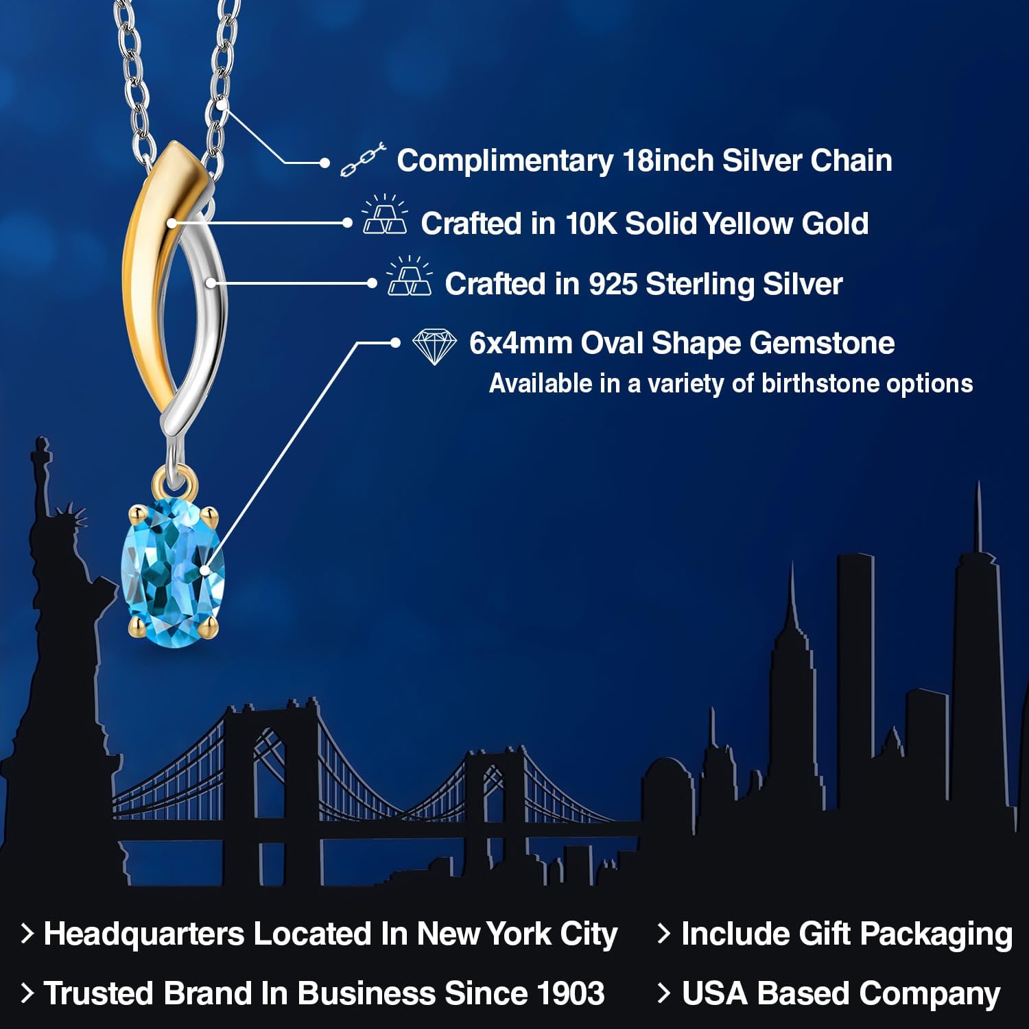 Gem Stone King 925 Silver and 10K Yellow Gold Swiss Blue Topaz Pendant Necklace for Women | 0.55 Cttw | Gemstone November Birthstone | Oval 6X4MM | With 18 Inch Silver Chain - Image 2