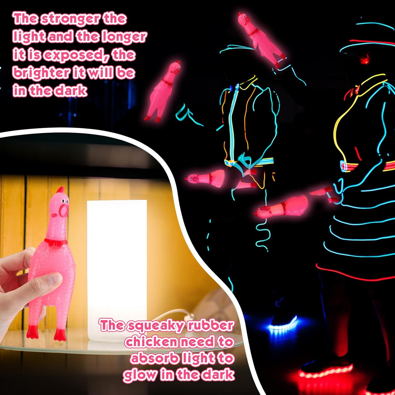 Honoson 50 Pcs Glow in The Dark Rubber Chicken 6.5 Inch Luminous Screaming Chicken Noise Maker Pets Dogs Toys Prank Novelty Party for Adults (Pink)