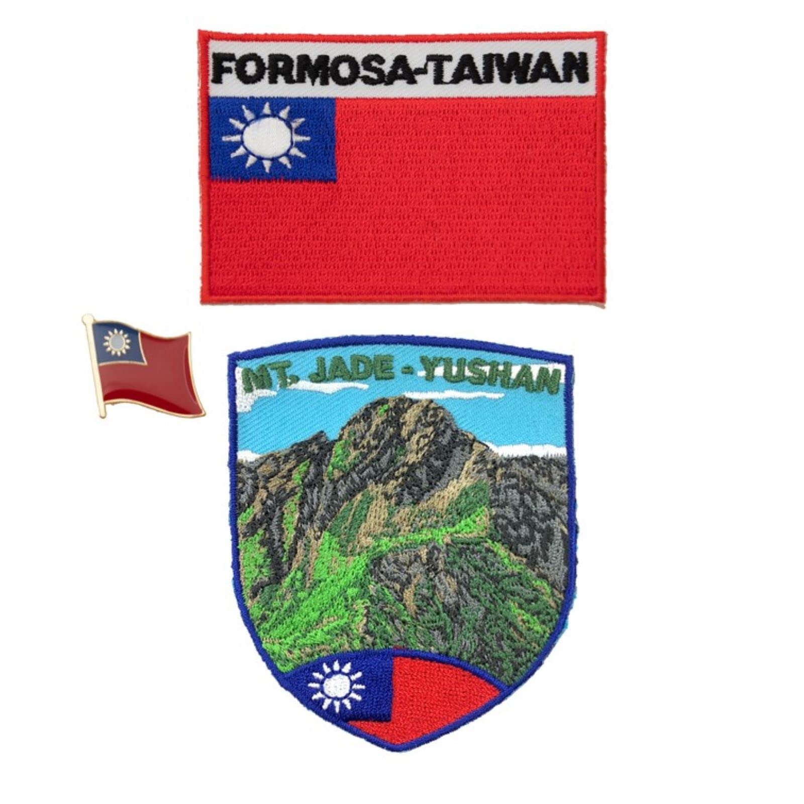 A-ONE 3 PCS Pack-MT. Jade Patch+Taiwan Flag Embroidery and Pin, Patches for Clothing, Sew on Iron on Clothes Shirts Hats Backpacks, Vintage Patriotic Emblem, Durable Patch NO.402B