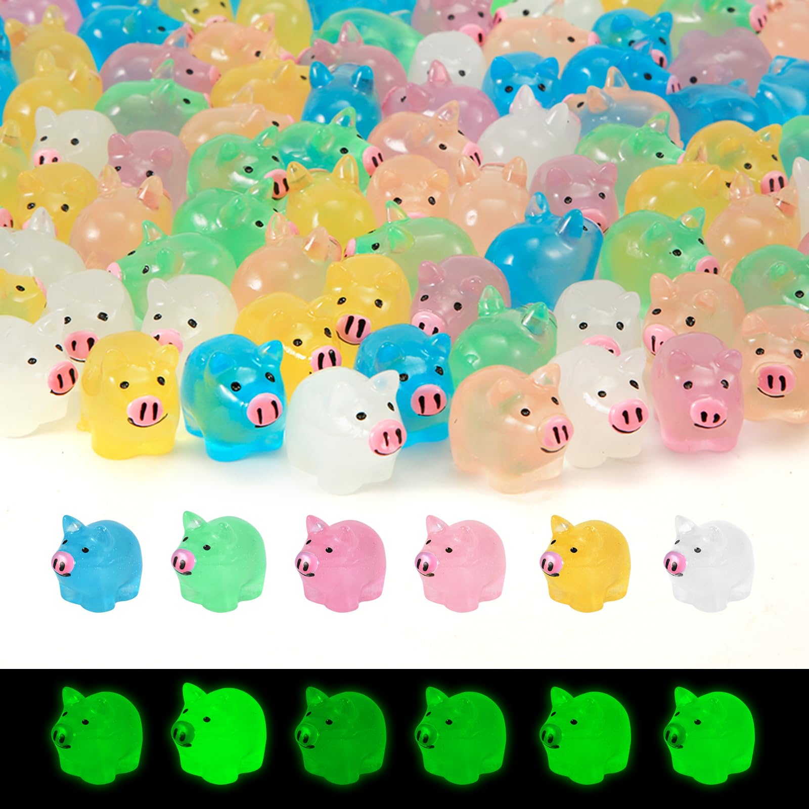 120pcs Luminous Mini Pigs - Glow in the Dark Resin Figures for Garden Miniature Landscape and Dollhouse Decor (6 Colors)